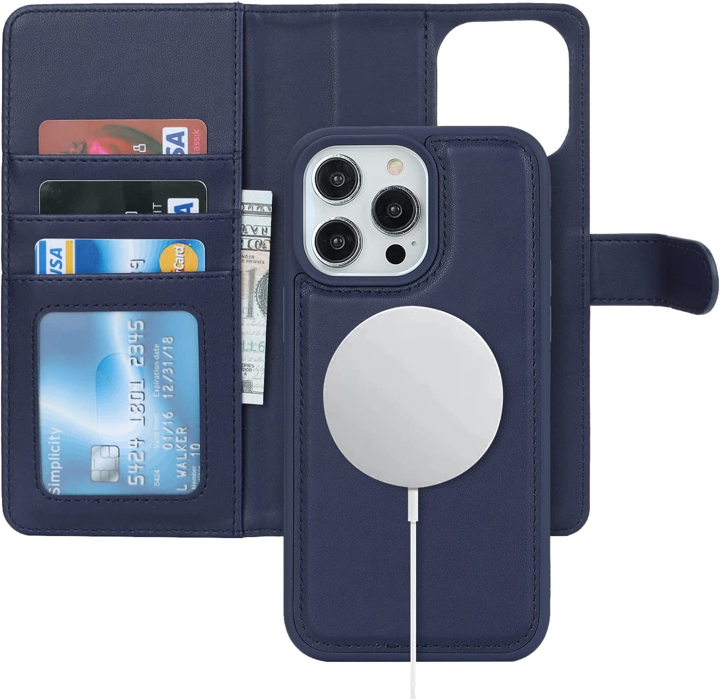 Ｈａｖａｙａ Iphone 13 Pro Max Wallet Case Magsafe,Iphone 12 Pro Max Wallet Case Detachable Magnetic,Iphone 13 Pro Max Phone Case Wallet with Card Holder for Women,Flip Magnetica Cover for Men-Blue  Ｈａｖａｙａ Blue iPhone 14 Pro 
