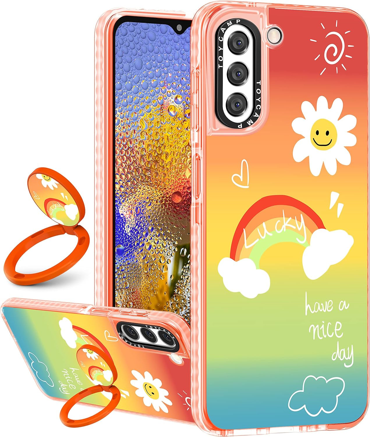 Toycamp for Samsung Galaxy S22 Case for Women, Colorful Butterfly Cute Girly Print Design for Girls Teens Case with Ring Kickstand (6.1 Inch), Black  Toycamp Rainbow Sky Orange  
