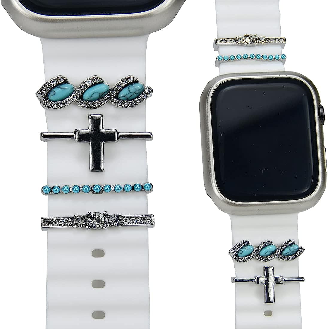 Watch Band Charms - Decorative Rings Loops Compatible with Apple Watch Silicone Leather Bands Charms 49Mm 45Mm 44Mm 42Mm 41Mm 40Mm 38Mm,Metal Diamond Charms Slide Strap Accessories Charms for Iwatch Series 9 8 7 6 5 4 3 2 1 Samsung Galaxy , Fitbit  SUNOREEK silver green turquoise  