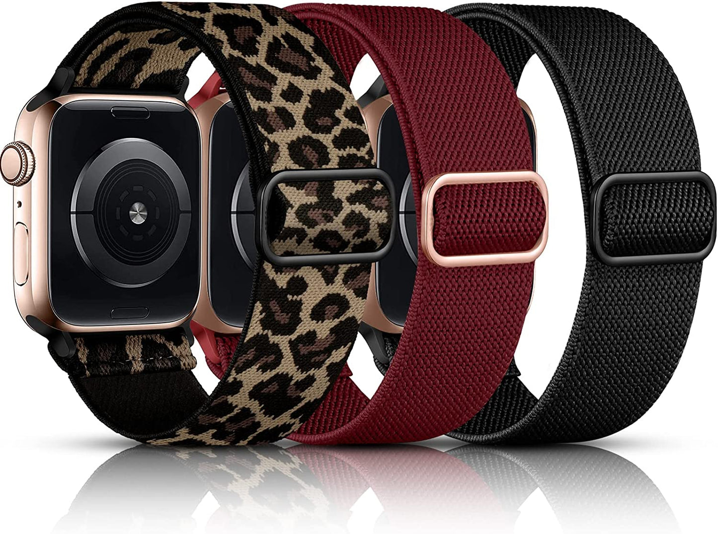 Daqin 3 Pack Stretchy Nylon Solo Loop Band Compatible with Apple Watch Band 41Mm 45Mm 38Mm 40Mm 42Mm 44Mm 49Mm, Adjustable Elastic Braided Straps for Apple Watch Ultra Iwatch Series 8/7/6/5/4/3/2/1/SE  Ylire-US Black/Wine/Leopard 38mm/40mm/41mm 