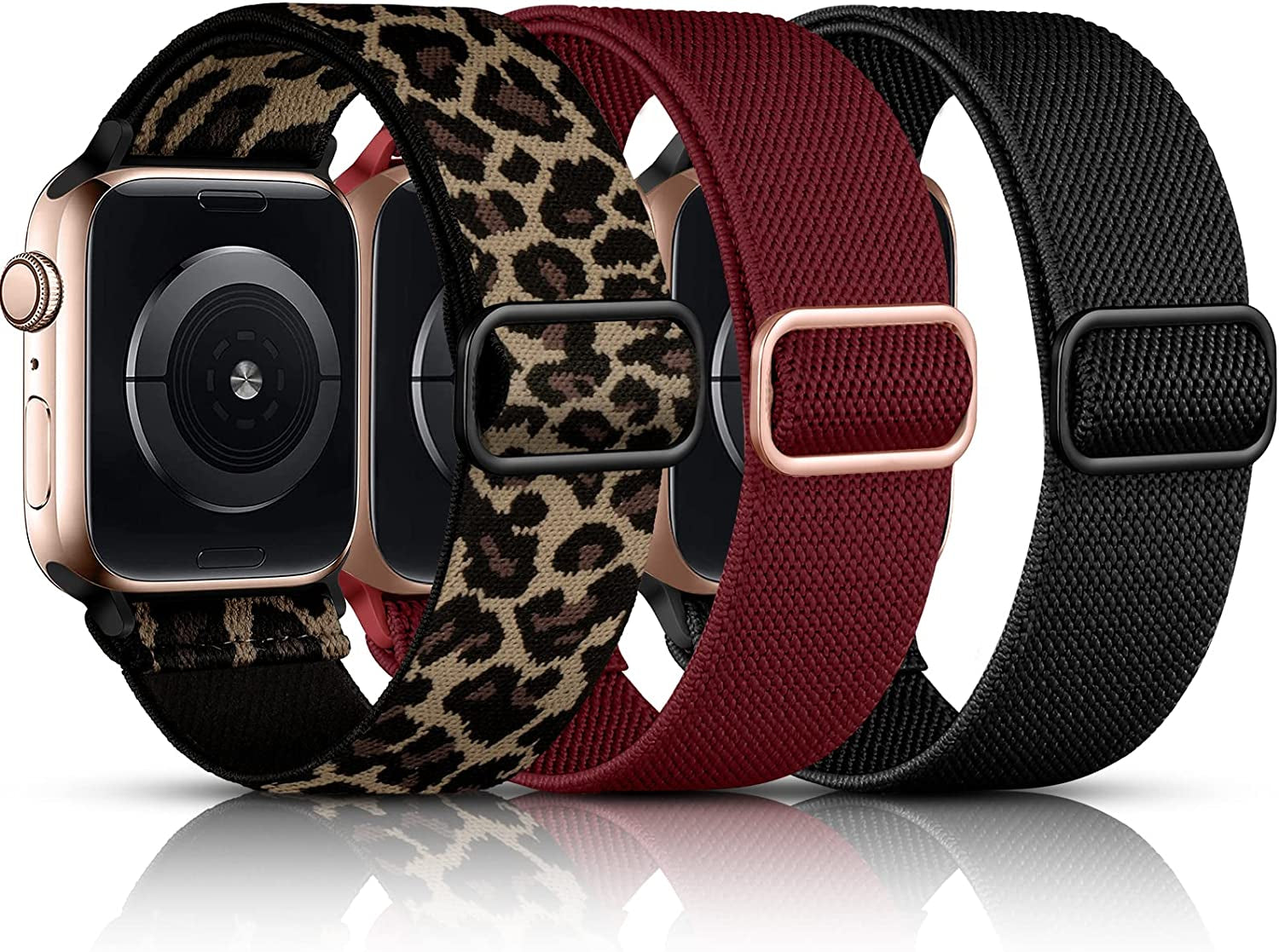 Daqin 3 Pack Stretchy Nylon Solo Loop Band Compatible with Apple Watch Band 41Mm 45Mm 38Mm 40Mm 42Mm 44Mm 49Mm, Adjustable Elastic Braided Straps for Apple Watch Ultra Iwatch Series 8/7/6/5/4/3/2/1/SE  Ylire-US Black/Wine/Leopard 42mm/44mm/45mm/49mm 
