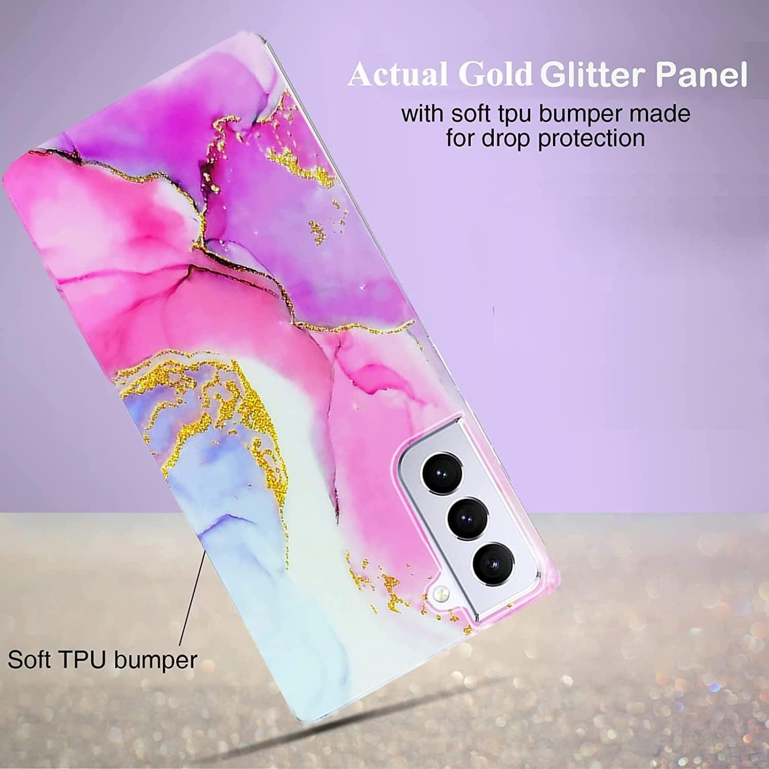 J.West Designed for Samsung Galaxy S21 Case Shiny Glitter Pink Marble Slim Fit Flexible Soft Silicone Rubber TPU Bumper Cover Skin Shockproof Protective Phone Case for Galaxy S21 5G Case  J.west   