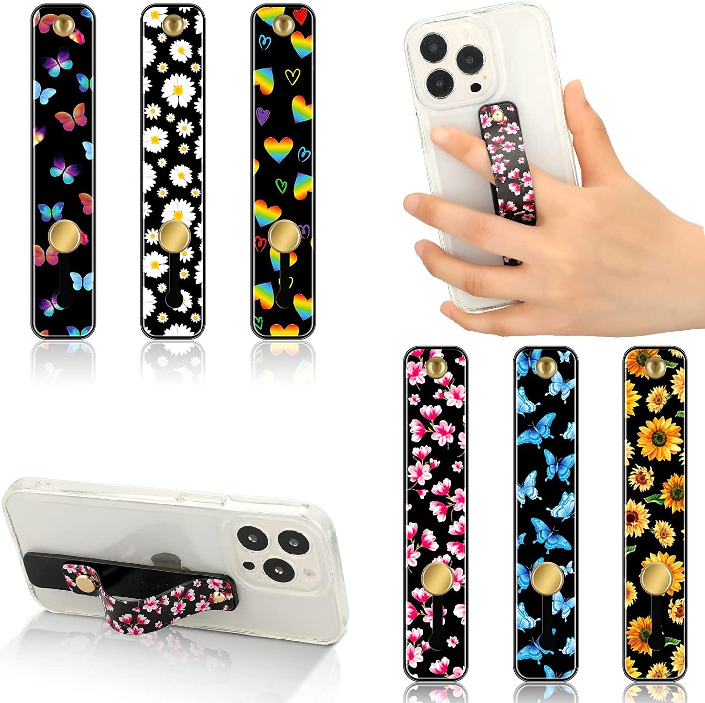 Weewooday 6 Pieces Phone Strap Grip Holder Finger Cell Phone Grip Telescopic Phone Finger Strap Stand Universal Finger Kickstand for Most Smartphones (Dreamy Colors)  Weewooday Flowers  