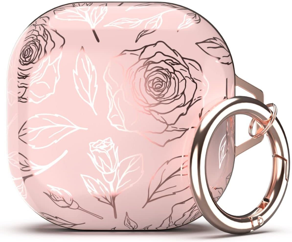 TATOFY Case for Galaxy Buds 2 Pro, Galaxy Buds 2, Galaxy Buds Pro, Galaxy Buds Live, Golden Leaf Golden Flower Hard Case with Carabiner, Support Wireless Charging, LED Visible (Pink & Golden)  TATOFY   