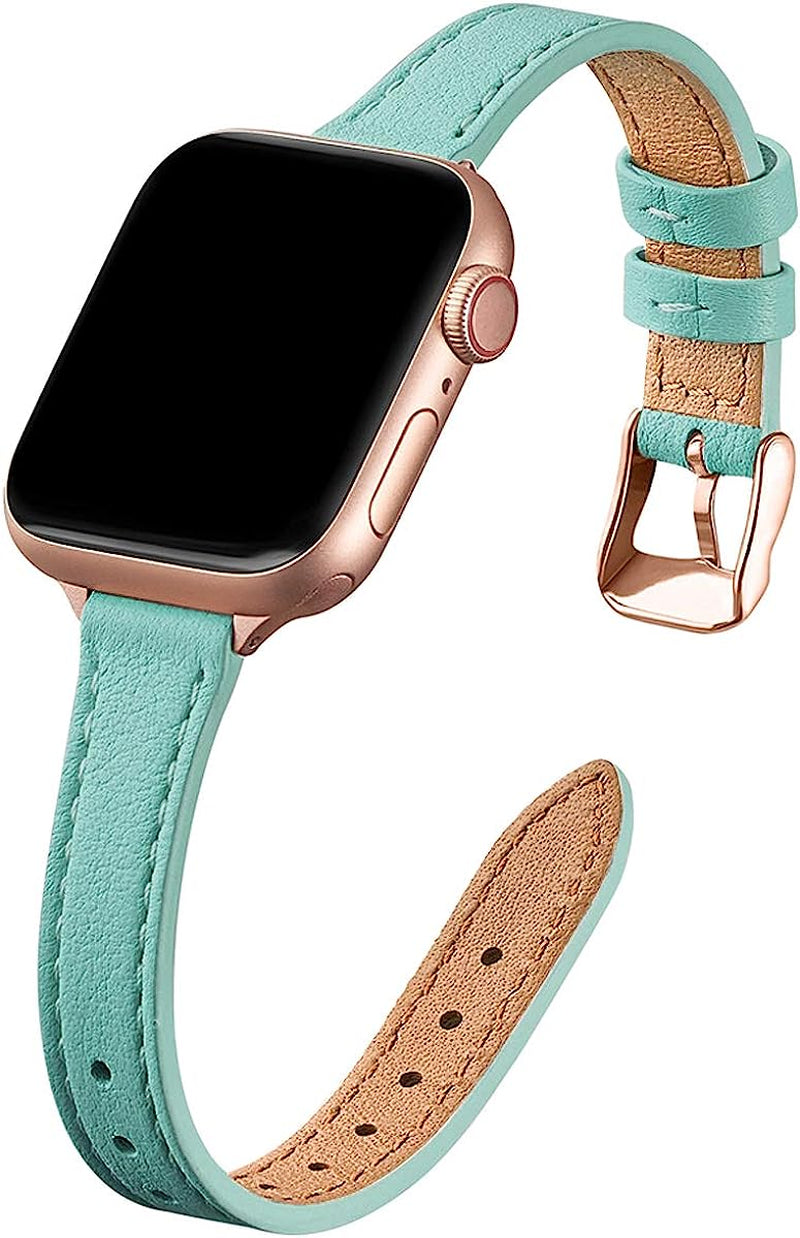 STIROLL Slim Leather Bands Compatible with Apple Watch Band 38Mm 40Mm 41Mm 42Mm 44Mm 45Mm 49Mm, Top Grain Leather Watch Thin Wristband for Iwatch Ultra SE Series 8/7/6/5/4/3/2/1  STIROLL Light Blue with Rose Gold 42mm/44mm/45mm/49mm 