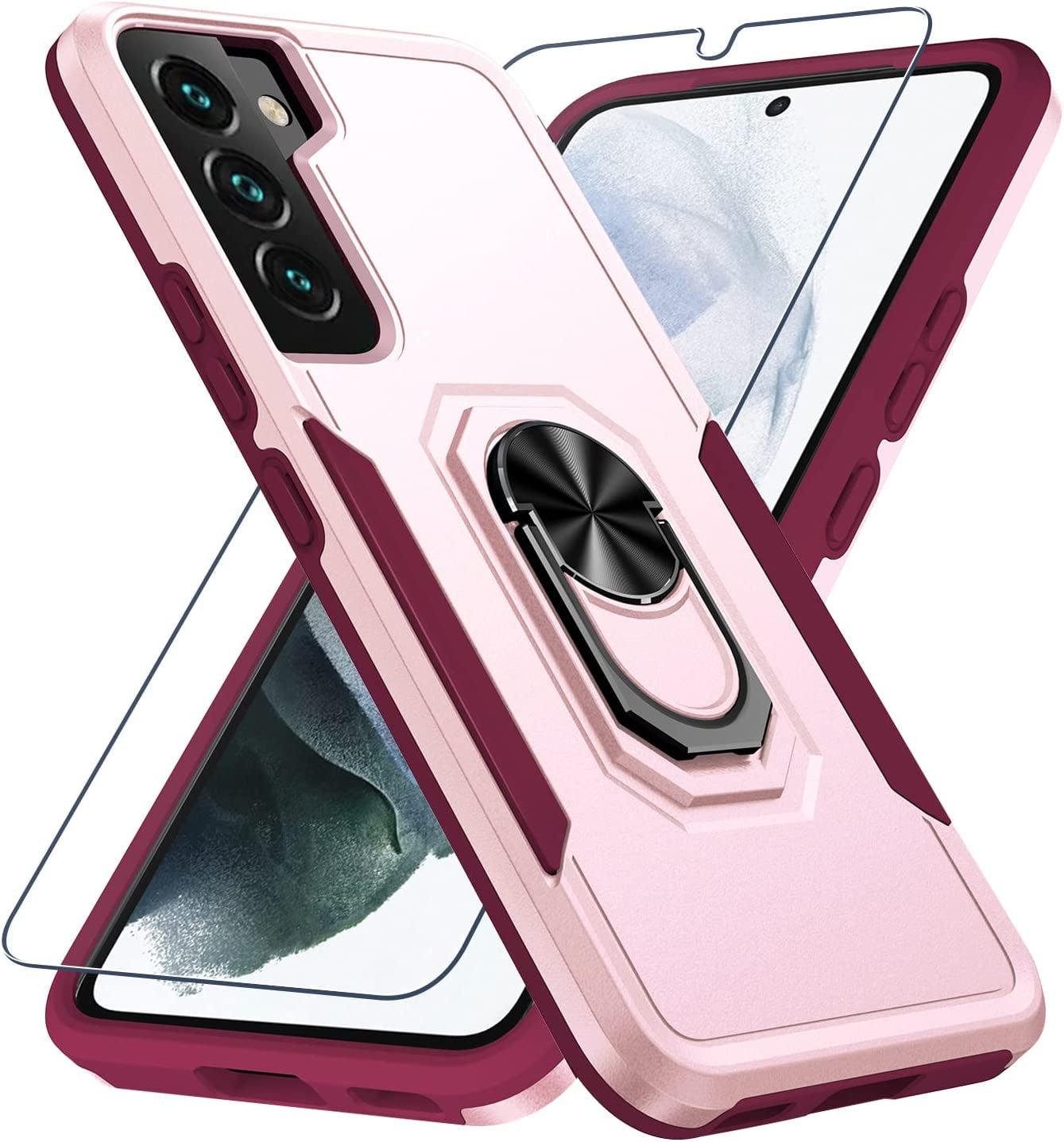 Samsung Galaxy S22 Case with Screen Protector Tempered Glass [Not for S22+] ,Heavy Duty Shockproof Full Body Phone Cover[Dual Layer][Hard PC Back],Built in Finger Ring Stable Kickstand,2022 Black  Janmitta Cute Pink  