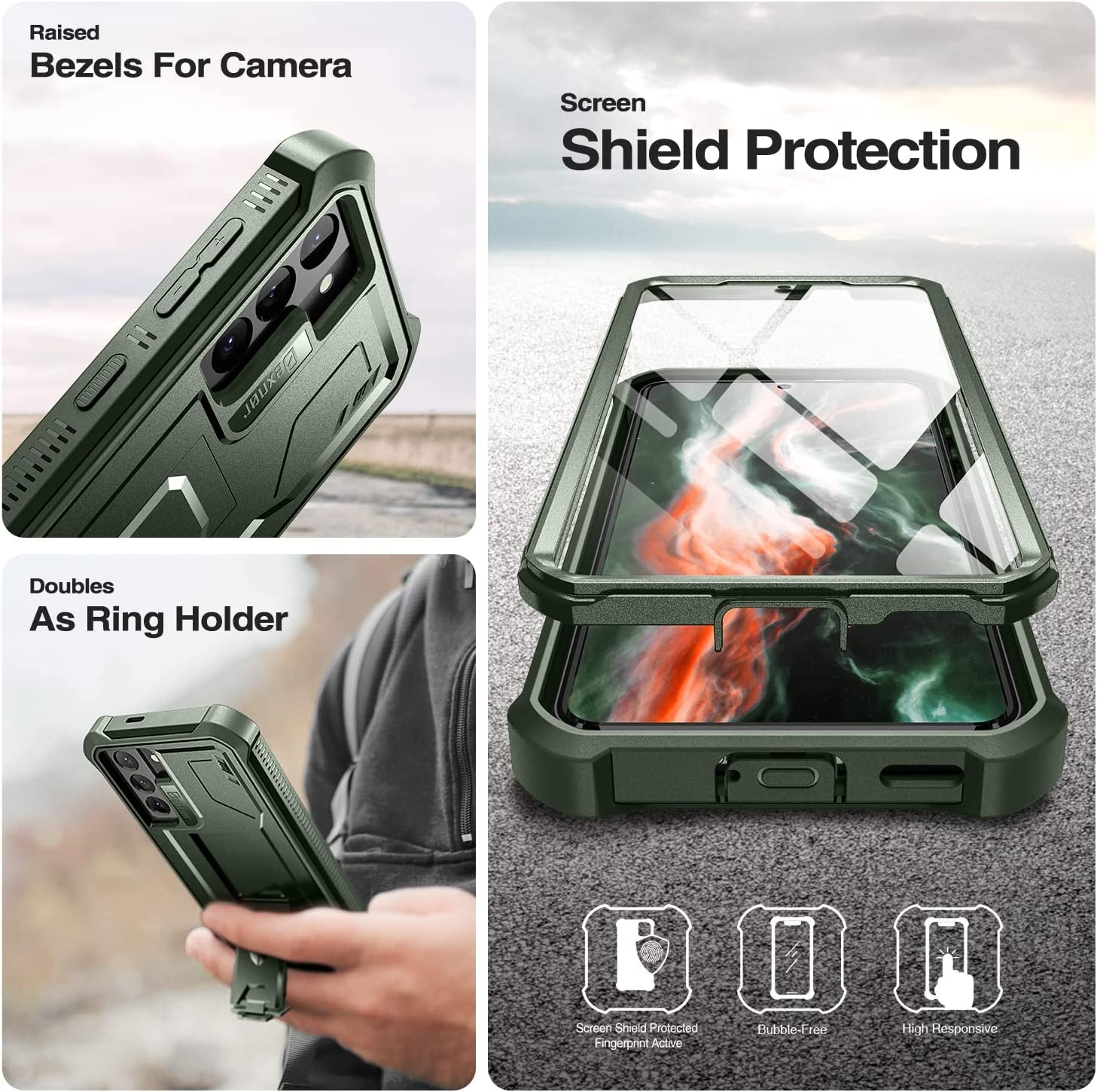 Dexnor for Samsung Galaxy S21 Case, [Built in Screen Protector and Kickstand] Heavy Duty Military Grade Protection Shockproof Protective Cover for Samsung Galaxy S21 5G, 6.2 Inch, Army Green  Dexnor   