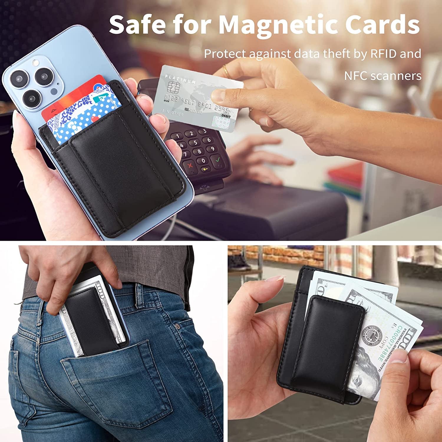 Morojular Leather Wallet for Apple Magsafe, Magsafe Wallet and Magnetic Card Holder, Compatible with Iphone 14/13/12 Series, Max 5 Cards, Money Clip, Not Compatible with Iphone Mini Black  Morojular   