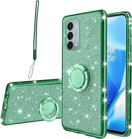 Kudini for Oneplus Nord N200 5G Case, N200 Phone Case for Women Glitter Crystal Soft Clear TPU Luxury Bling Cute Protective Cover with Kickstand Strap for Oneplus Nord N200 5G (Glitter Green)  KuDiNi   