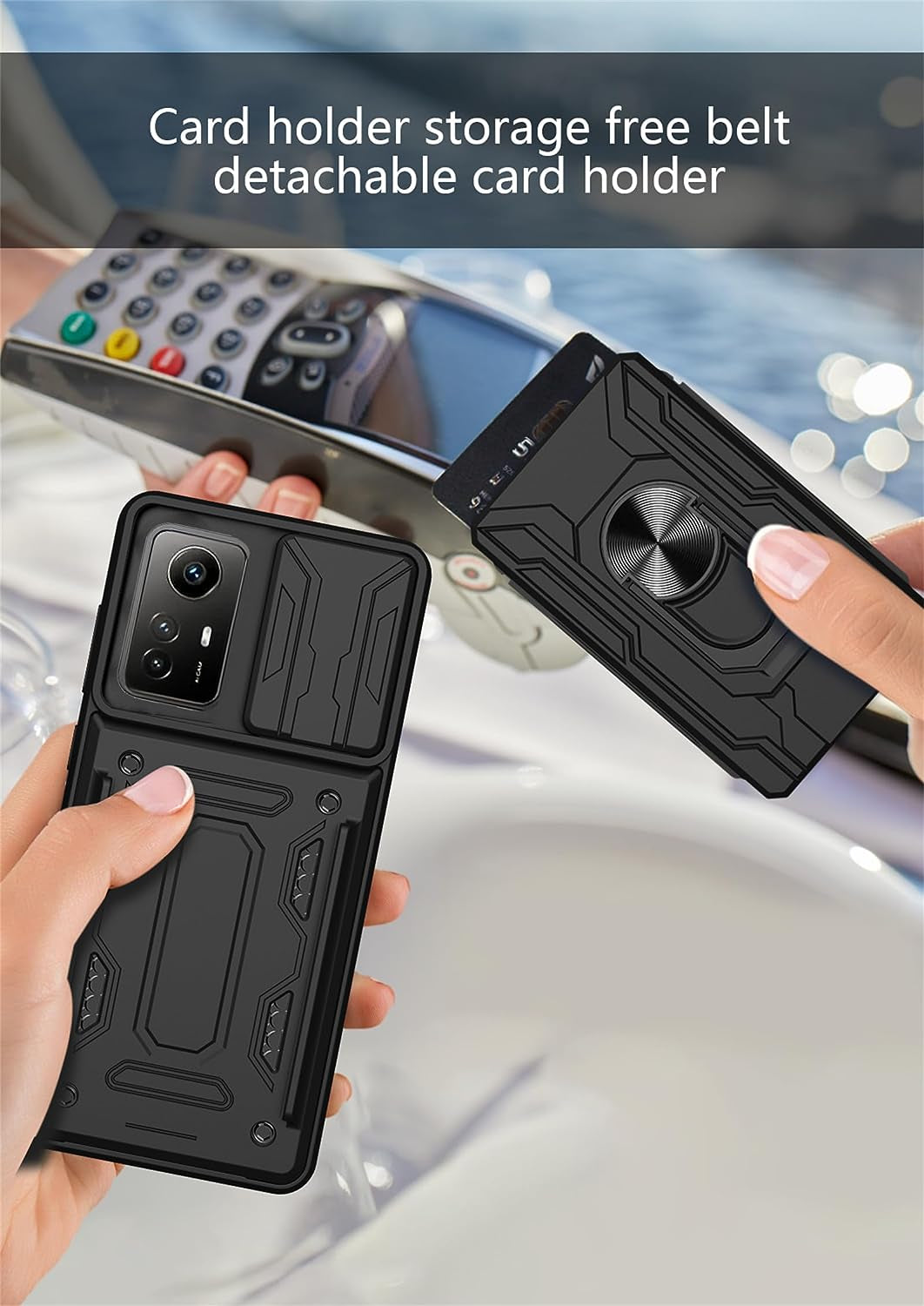 Tncavo for Xiaomi Poco F5 Case with Card Holder, Military Grade Shockproof Heavy Duty Protective with Rotating Ring Kickstand & Camera Cover for Xiaomi Redmi Note 12 Turbo LJ Black  Tncavo   