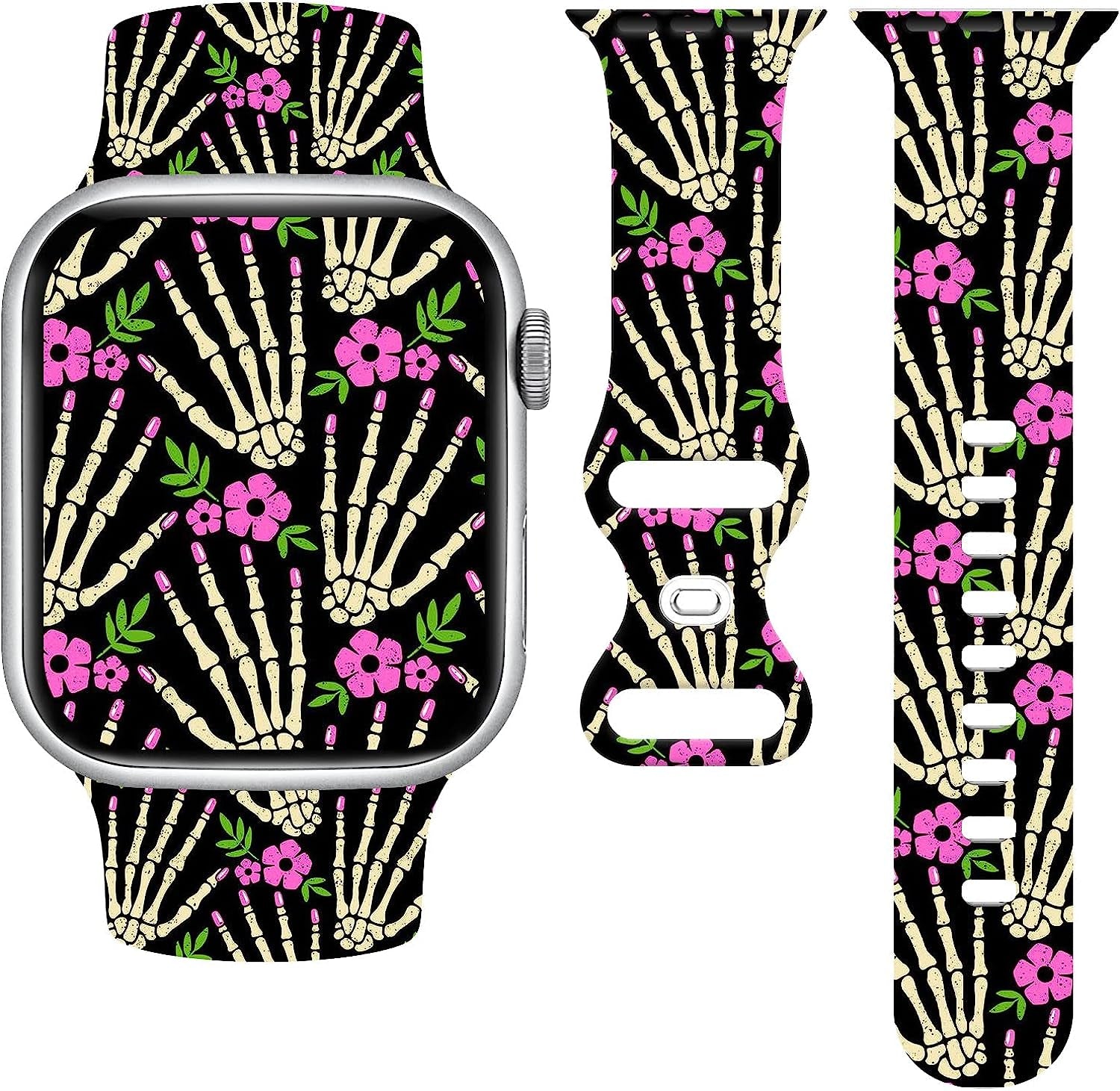 Halloween Watch Band Compatible with Apple Watch 38Mm 40Mm 41Mm 42Mm 44Mm 45Mm, Day of the Dead Decor Replacement Bands Silicone Wristbands Strap Compatible with All Iwatch Series  WANSENCE Style-1 42mm/44mm/45mm 
