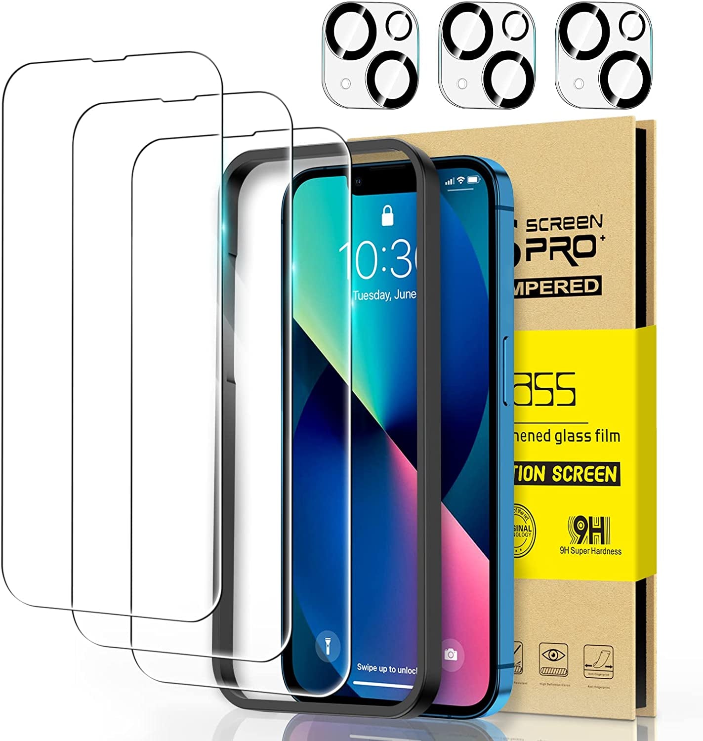 Invoibler 3 Pack Screen Protector Compatible with Iphone 13 + 3 Pack Camera Lens Protector, Iphone 13 Screen Protector Tempered Glass, 6.1 Inch [HD Clear] [Bubble Free] [Not for Iphone 13 Pro]  Invoibler   
