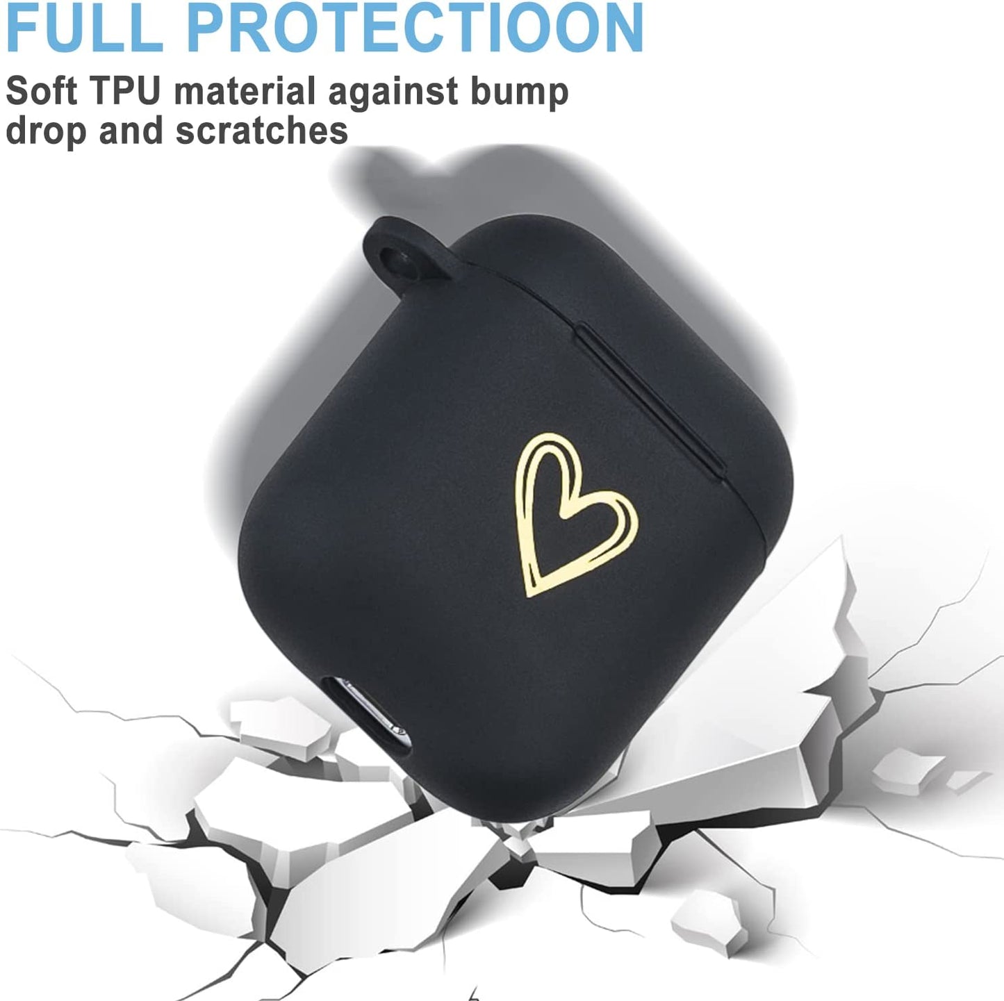 Wonjury Airpods Case Soft TPU Gold Heart Pattern Cute with Keychain Shockproof Cover Case for Girls Woman Apple Airpods 2 &1 - Black  Wonjury   