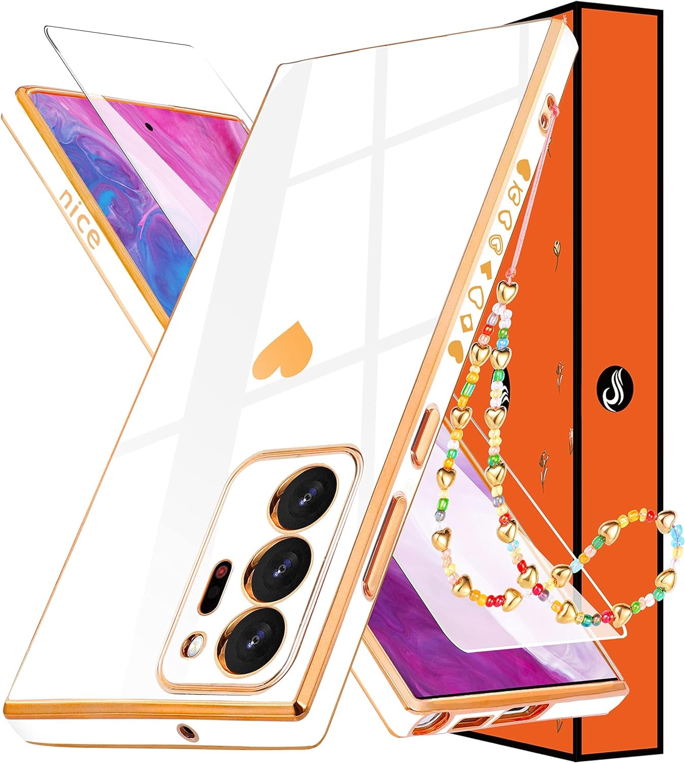 Shorogyt (3In1 Heart Case for Samsung Galaxy Note 20 Ultra 5G/4G 6.9 Inch Women Cute Aesthetic Love Hearts Pattern Girls Dark Blue Gold Luxury Girly Design Cases Cover+Screen+Chain for Note20 Ultra  qunxiner Only For Samsung Note 20 Ultra White  