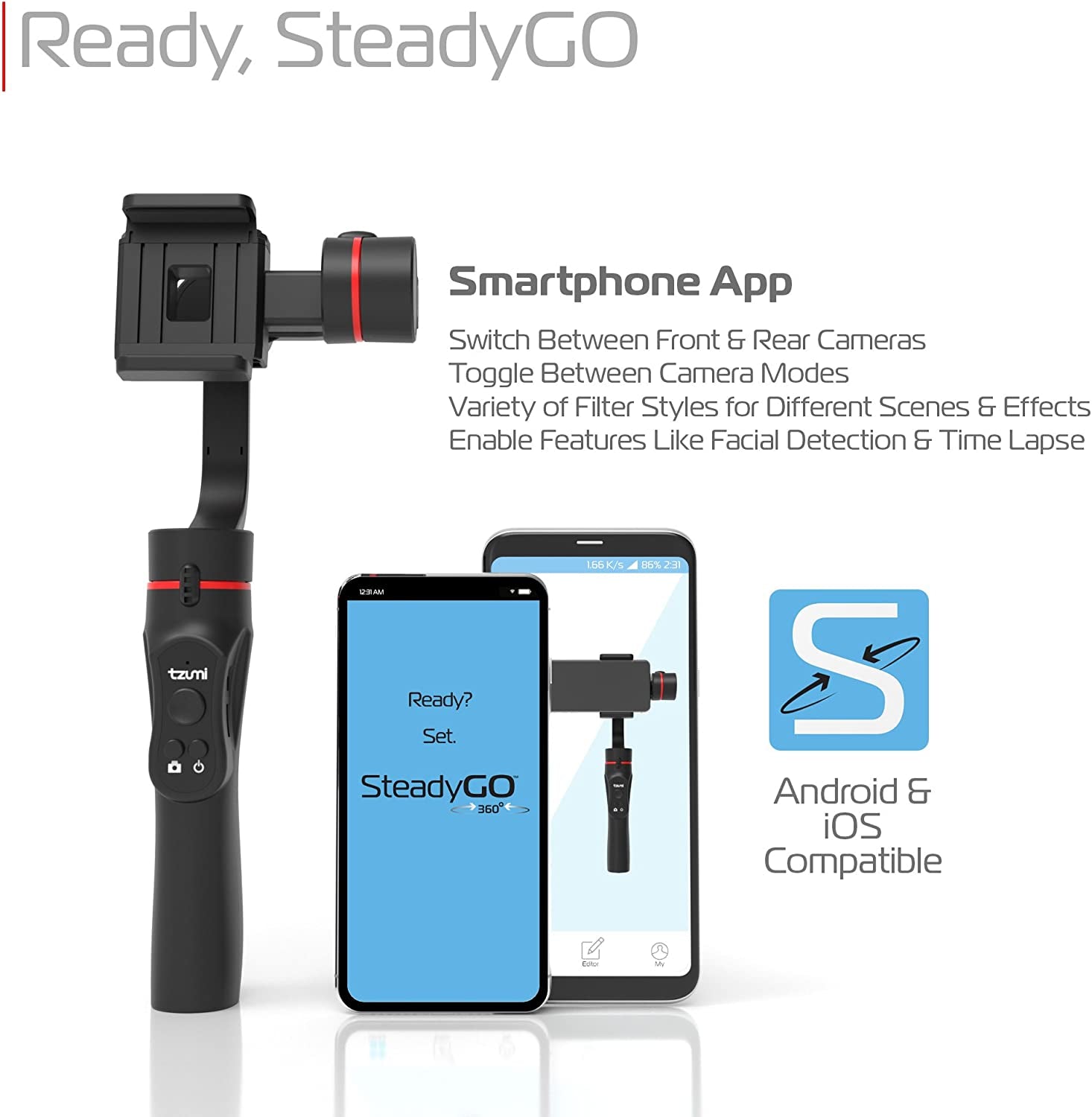 Tzumi Steadygo Smartphone Stabilizing Gimbal – Motorized Rechargeable 3-Axis Handheld Gimbal for Smooth, Steady Digital Photography and Advanced Video Filming Techniques, Black (5643AMZ)  DEEJAYLED   