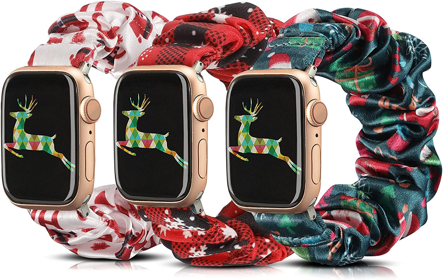 TOYOUTHS 3 Packs Compatible with Apple Watch Band Scrunchies 49Mm(Ultra)/45Mm/44Mm/42Mm Cloth Soft Pattern Printed Fabric Bracelet Women Iwatch Elastic Scrunchy Band Series SE 8 7 6 5 4 3 2 1 S/M  TOYOUTHS Christmas-Pink/Green Santa Claus/Red 49/45/44/42mm S/M(5.5" - 6.2" Wrist) 