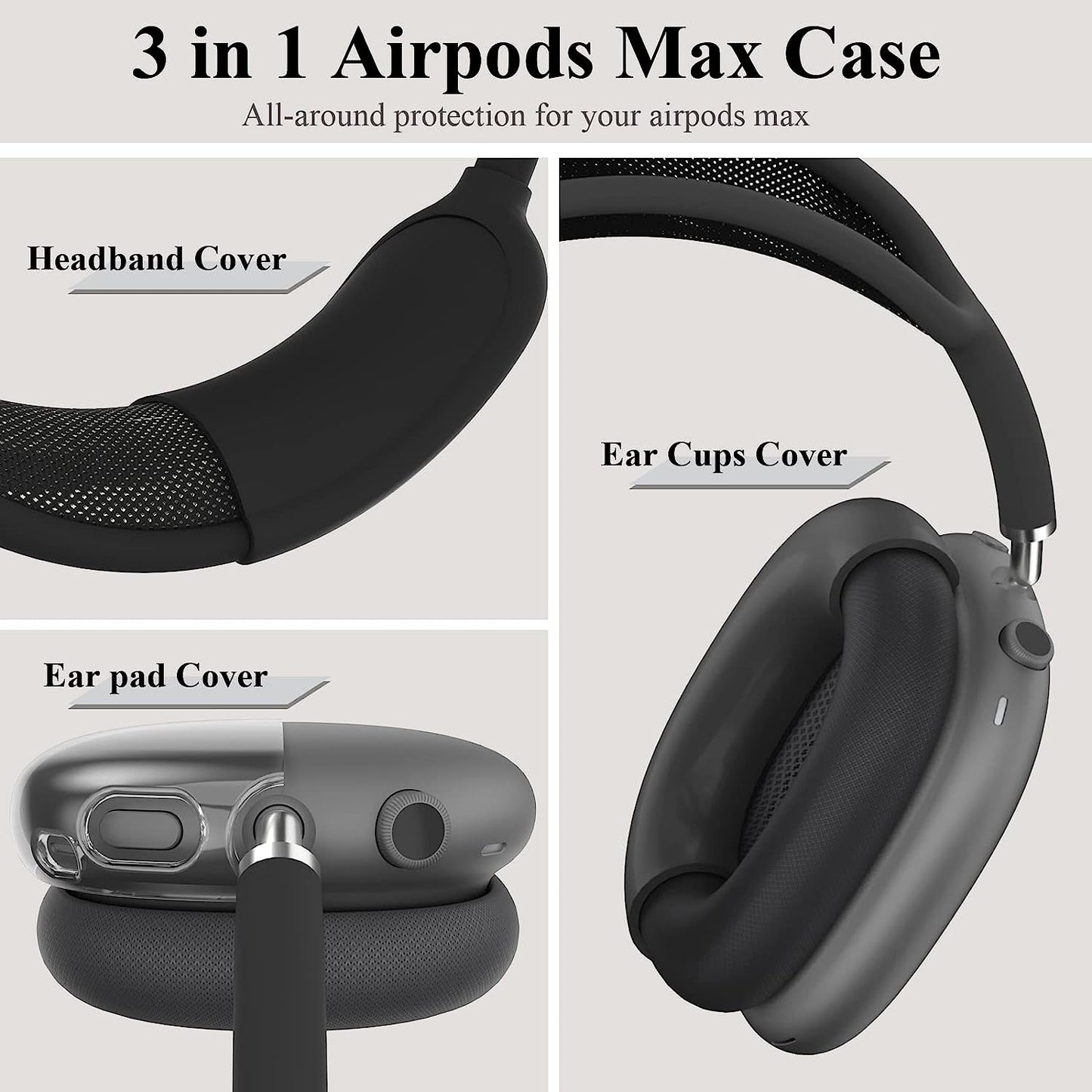 JDHDL [3 in 1] for Airpods Max Case Cover, Clear Soft TPU Earcup Case Cover+Slicone Earpad Cover+Silicone Overhead Cover, Transparent Protective Case for Apple Airpods Max Accessories(Black)  JDHDL   
