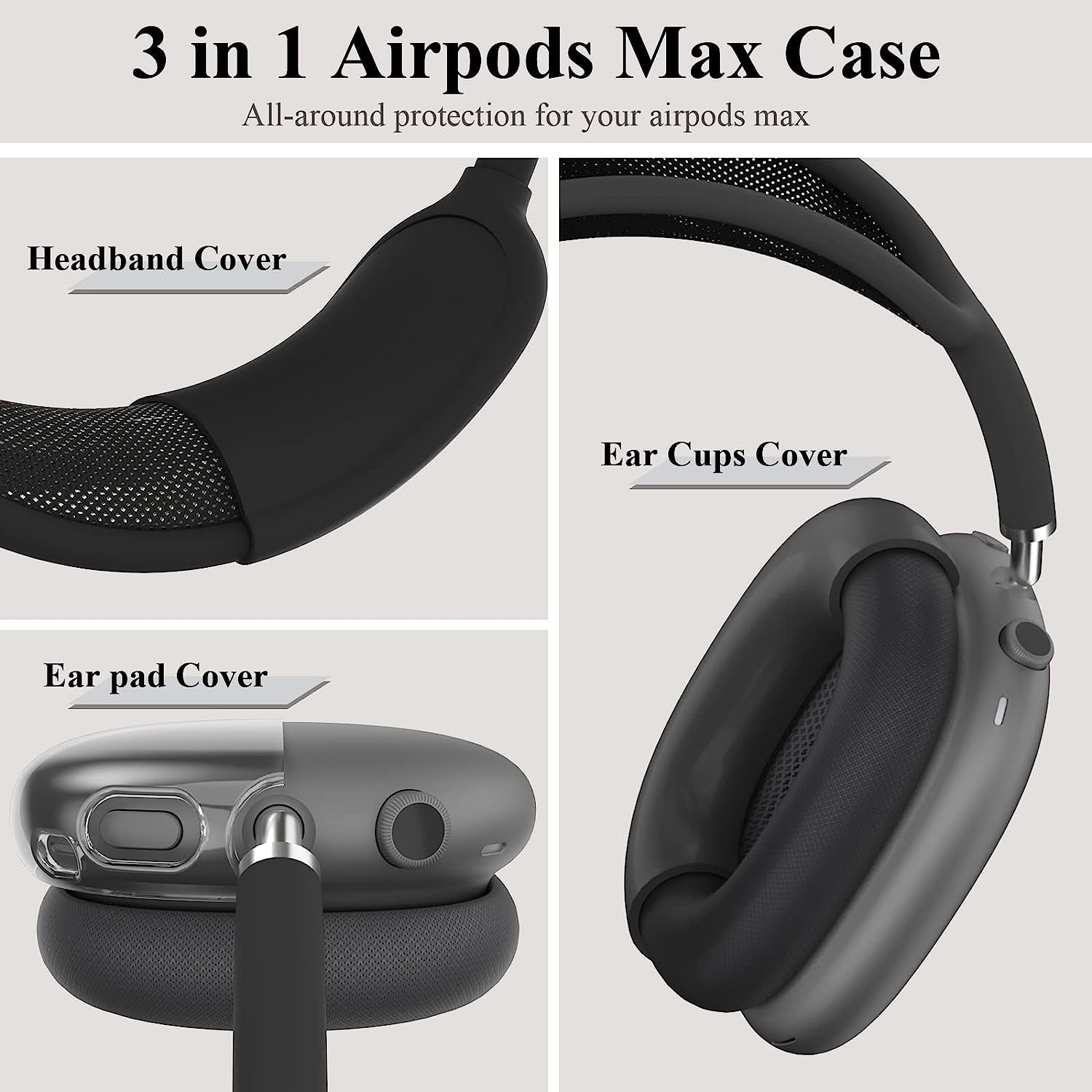 JDHDL [3 in 1] for Airpods Max Case Cover, Clear Soft TPU Earcup Case Cover+Slicone Earpad Cover+Silicone Overhead Cover, Transparent Protective Case for Apple Airpods Max Accessories(Black)  JDHDL   