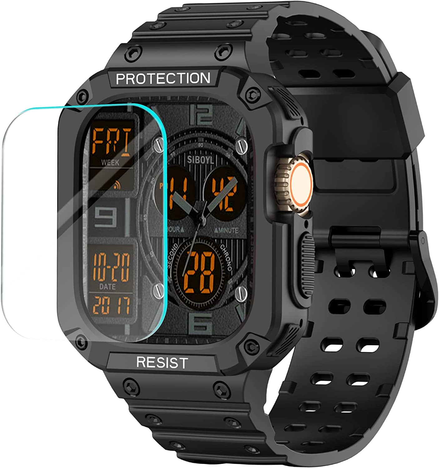 3 in 1 Rugged Band and Bumper Case with Screen Protector for Apple Watch Ultra Band 49Mm, Tempered Glass Film, Shockproof Protective Band for Men, Metal Clasp Sport Armor Band for Iwatch Ultra-Black  BuPa   