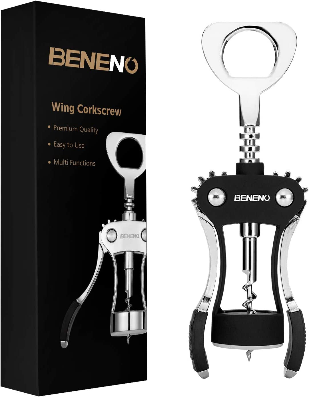 Wine Opener, Zinc Alloy Premium Wing Corkscrew Wine Bottle Opener with Multifunctional Bottles Opener, Upgrade  Beneno Black  