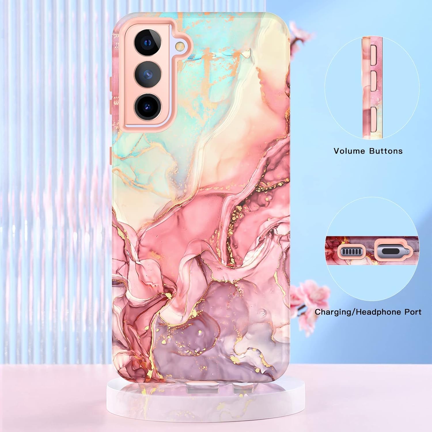 Galaxy S21 plus Case: Marble Pattern 3-In-1 Heavy Duty Shockproof with Rugged Hard PC & Soft Silicone, Rose Gold  Btscase   