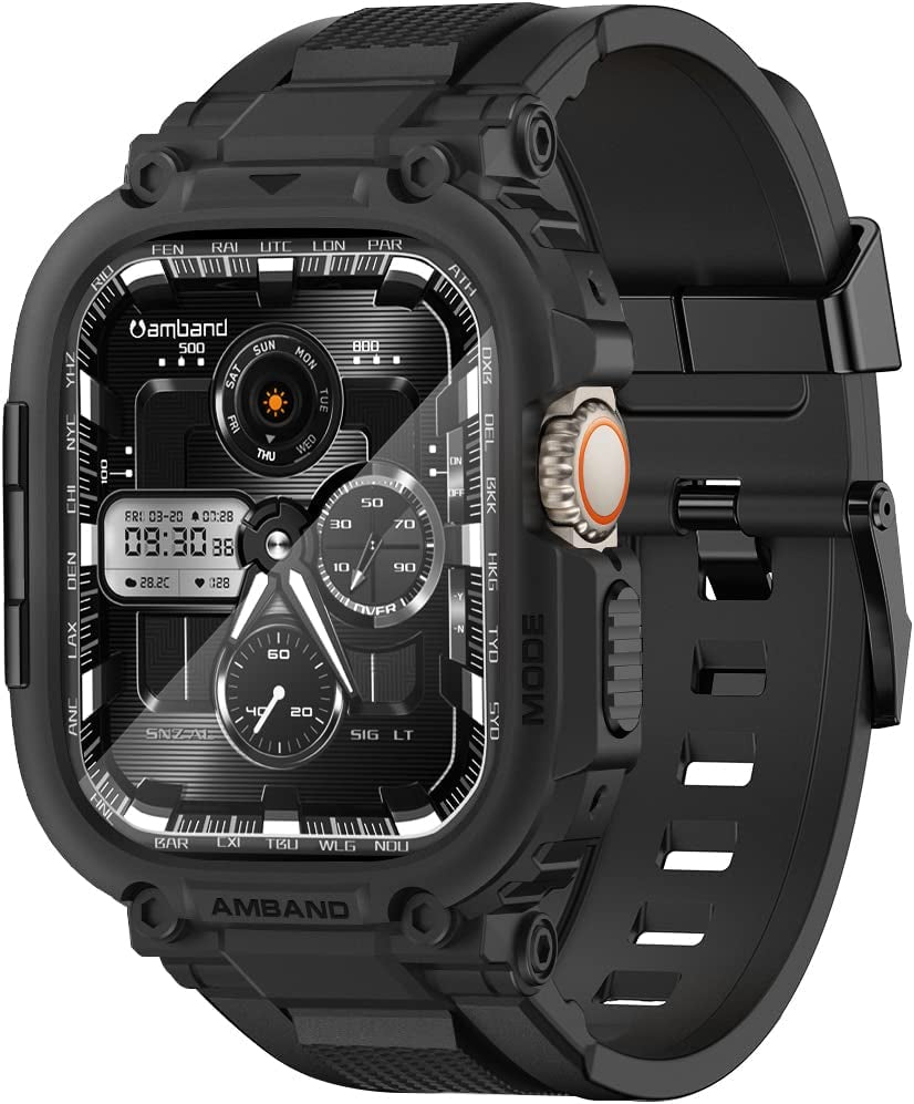 Amband Bands Case Screen Protector Compatible with Apple Watch Ultra 49Mm, M1 Sport Series Rugged Cover Strap and 2 Pack Tempered Glass Film, Military Protective Bumper for Iwatch 49 Mm Men Black  amBand   