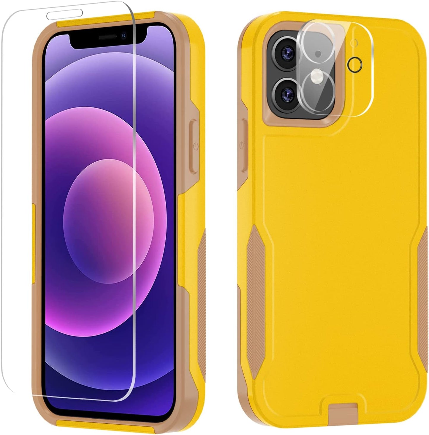 Xmon for Iphone 12 Case [Shockproof] [Dropproof] [Tempered Glass Screen Protector with Camera Lens Protector] Heavy Duty Phone Case Cover for Apple Iphone 12 and Iphone 12 Pro 6.1 Inch (Orange)  Xmon Yellow  