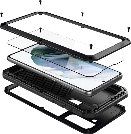 LUSTAM Samsung Galaxy S21 plus 5G Metal Case, Heavy Duty Rugged Shockproof Aluminum Case with Built in Screen Protector, 360 Full Body Protective Rubber Bumper Cover for Galaxy S21+ 6.7 Inch, Black  LUSTAM   