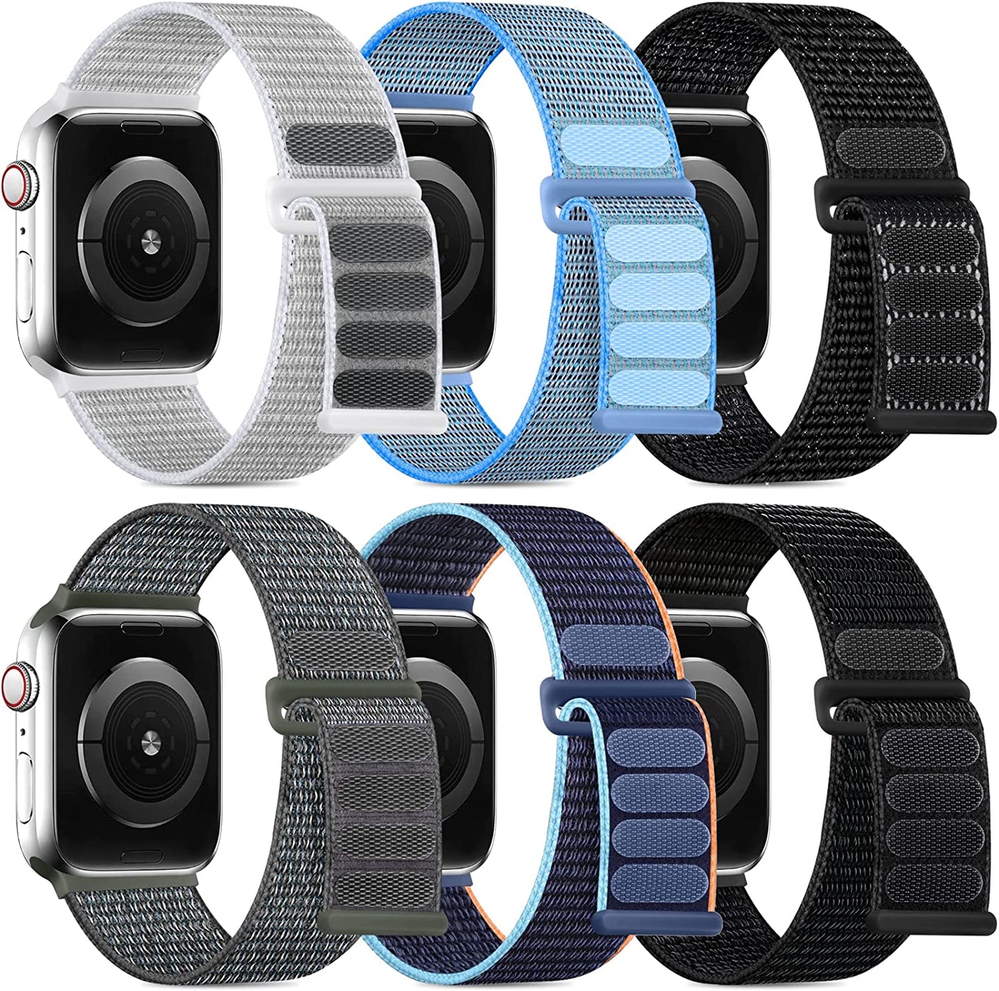 WJK 6 Pack Stretchy Nylon Solo Loop Bands Compatible with Apple Watch 38Mm 40Mm 41Mm 42Mm 44Mm 45Mm 49Mm Women Men, Adjustable Braided Sport Elastic Wristband for Iwatch Ultra SE Series 8 7 6 5 4 3 2 1  WJK Black/Navy Blue/Bright Black/Storm Gray/Tahoe Blue/Light Gray 38mm/40mm/41mm 