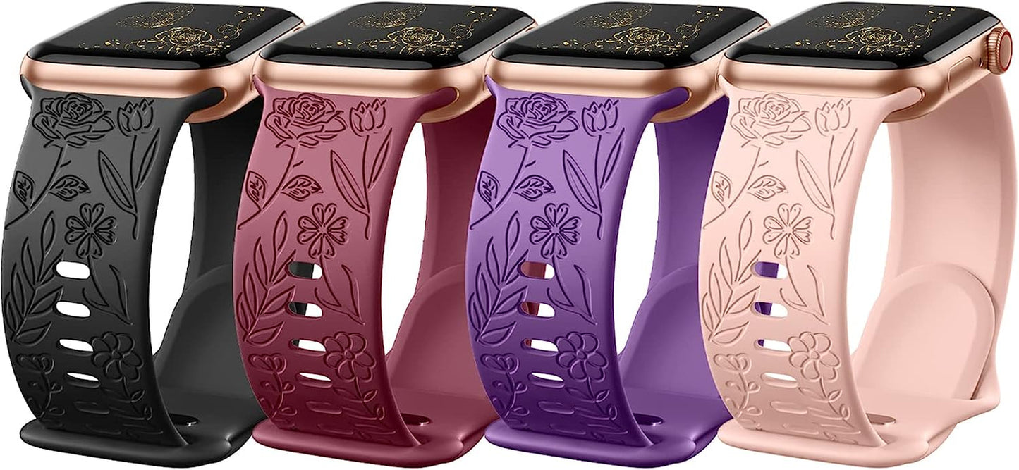 Daqin 4 Pack Band Compatible with Apple Watch Band 38Mm 40Mm 41Mm 42Mm 44Mm 45Mm 49Mm Women Men, Flower Engraved Soft Silicone Classy Sport Strap for Apple Watch Series 8 7 6 5 4 3 2 1 Iwatch Se/Ultra  Xuchangjiansenshangmaoyouxiangongsi Black/Plum/Pink Sand/Wine Red 42mm/44mm/45mm/49mm 