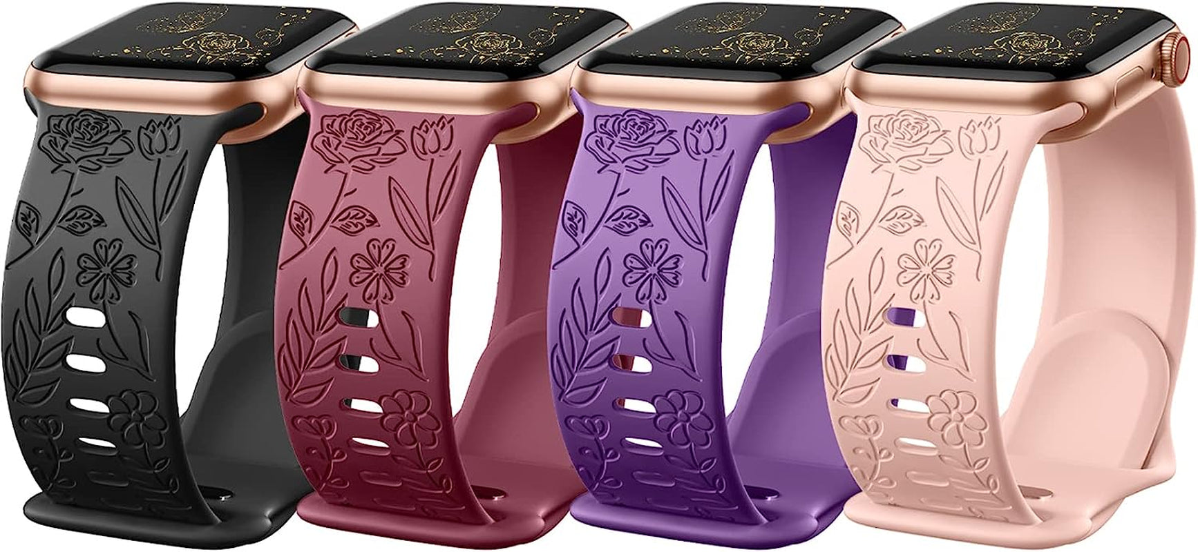 Daqin 4 Pack Band Compatible with Apple Watch Band 38Mm 40Mm 41Mm 42Mm 44Mm 45Mm 49Mm Women Men, Flower Engraved Soft Silicone Classy Sport Strap for Apple Watch Series 8 7 6 5 4 3 2 1 Iwatch Se/Ultra  Xuchangjiansenshangmaoyouxiangongsi Black/Plum/Pink Sand/Wine Red 42mm/44mm/45mm/49mm 