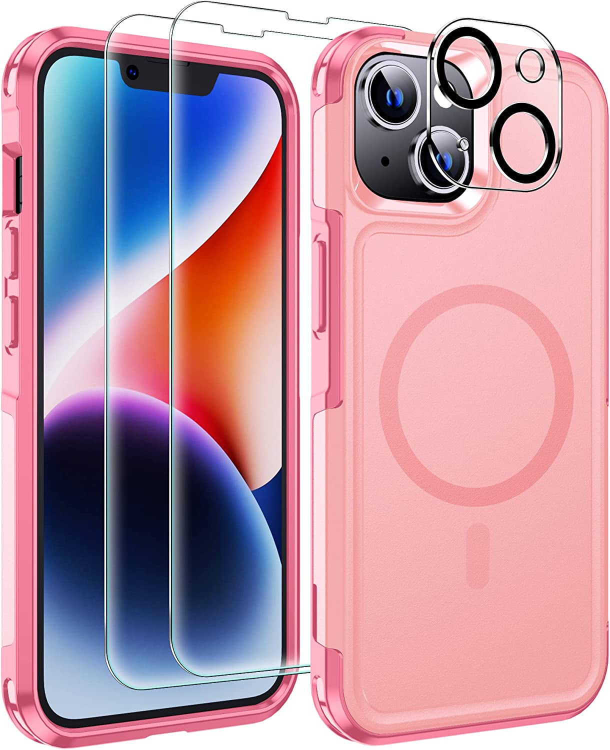 Xiwxi Magnetic for Iphone 14 Case [Compatible with Magsafe][Military Grade Drop Protection] [Glass Screen Protector+Camera Lens Protector] Non-Slip Full-Body Shockproof Phone Case,Green  xiwxi Pink  