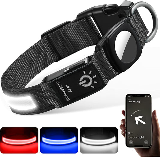 LED Air Tag Dog Collar, Dog Collar with Airtag Holder[Ipx7 Waterproof], Light up Dog Collar Compatible with Apple Airtags, Durable Rechargeable Lighted Air Tag Pet Collar for Large Dogs(L, Black)  ROYAL KIT   
