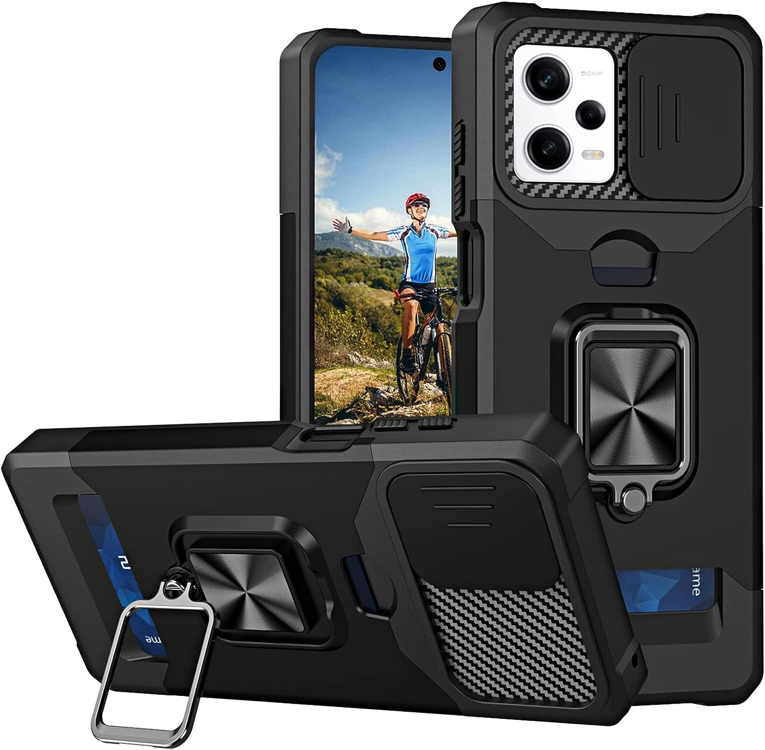 Ysnzaq for Xiaomi Redmi Note 12 Pro Case with Card Holder and Sliding Camera, Military Grade Shockproof Protective Phone Cover for Xiaomi Redmi Note 12 Pro/Poco X5 Pro YHZH Black  Ysnzaq   