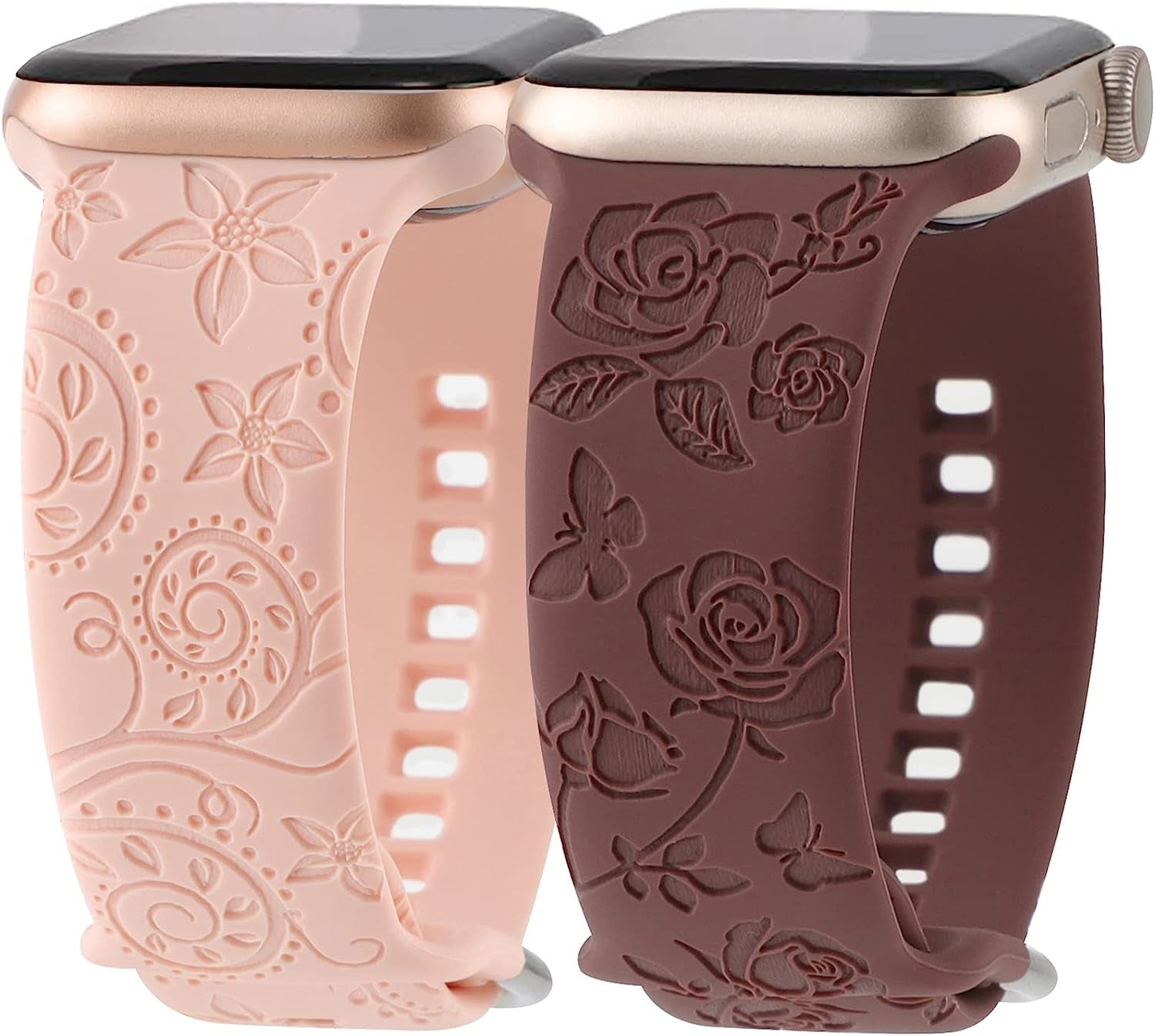 Flower Engraved Bands Compatible with Apple Watch Band 41Mm 40Mm 38Mm 44Mm 42Mm 45Mm 49Mm, Cute Women Floral Soft Silicone Sport Replacement Strap for Iwatch Series Ultra SE 8 7 6 5 4 3 2 1  TERKOWQI Pink Smoke Violet 42mm/44mm/45mm/49mm 