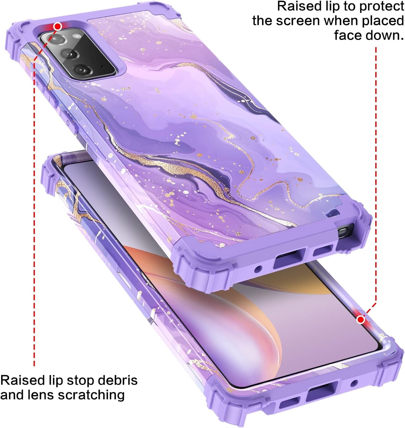 DUEDUE for Samsung Galaxy Note 20 Case, Marble Pattern Heavy Duty Rugged Shockproof Drop Protection 3 in 1 Hybrid Hard PC Cover Soft Silicone Bumper Phone Case for Samsung Note 20, Purple/Marble  DUEDUE   
