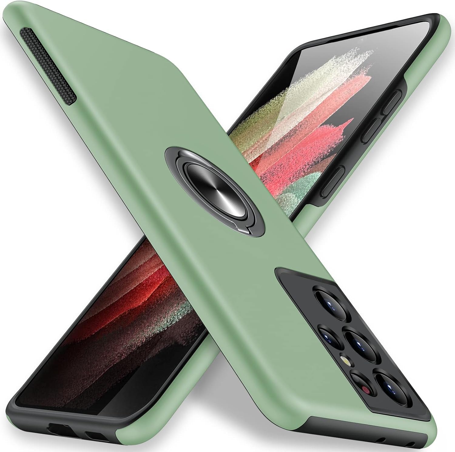 JAME for Samsung Galaxy S21 Ultra Case, [NOT for S21 or S21 Plus], Slim Soft Bumper Protective Case for Samsung S21 Ultra Case, with Invisible Ring Holder Kickstand for Galaxy S21 Ultra Case, Black  XJXIN Alpine Green  