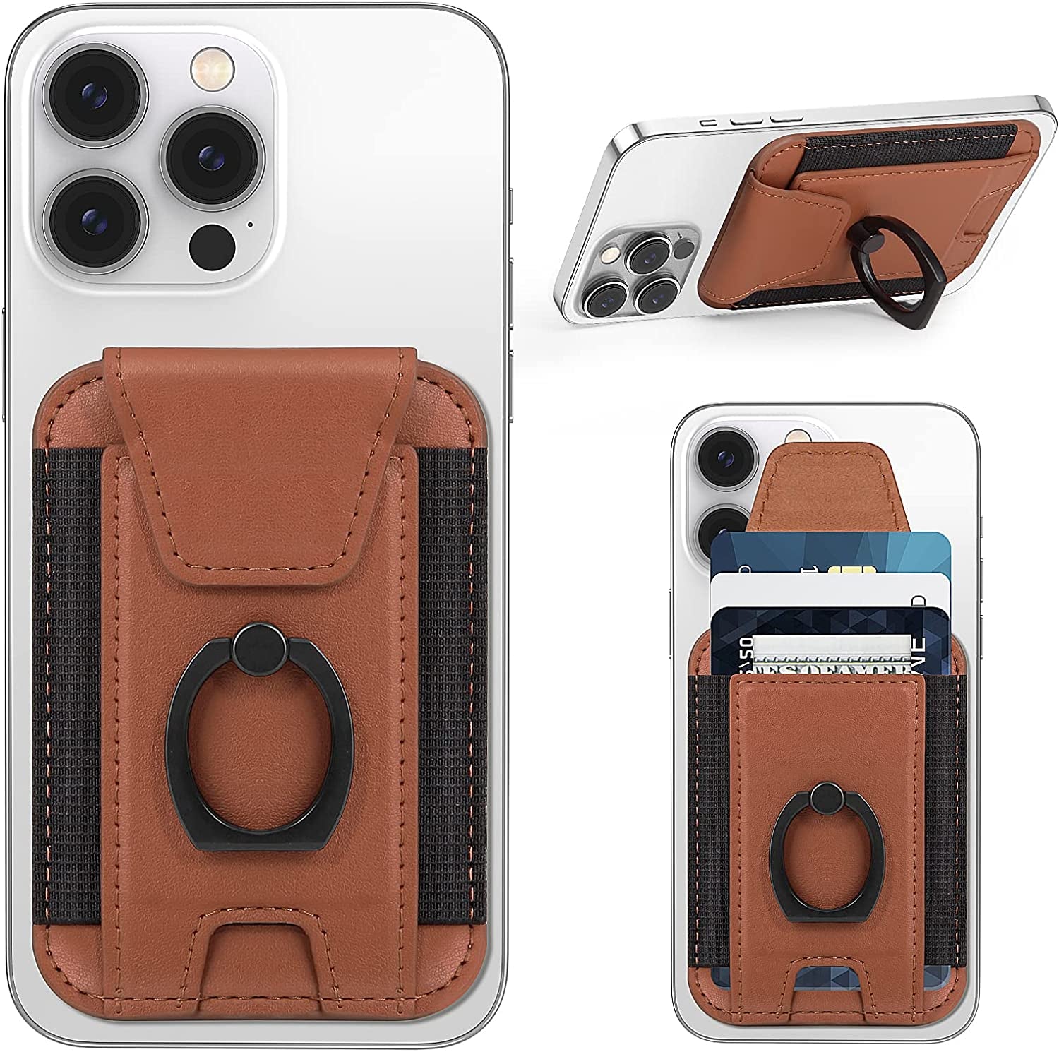 3-In-1 Magnetic Wallet with Phone Grip, Compatible with Magsafe Wallet and Phone Stand, Leather Privacy Flap, Magnetic Phone Wallet Holder with Phone Ring for Iphone 14/13/12 Series, 7 Cards, Black  ExtreLife Brown+Phone Grip  
