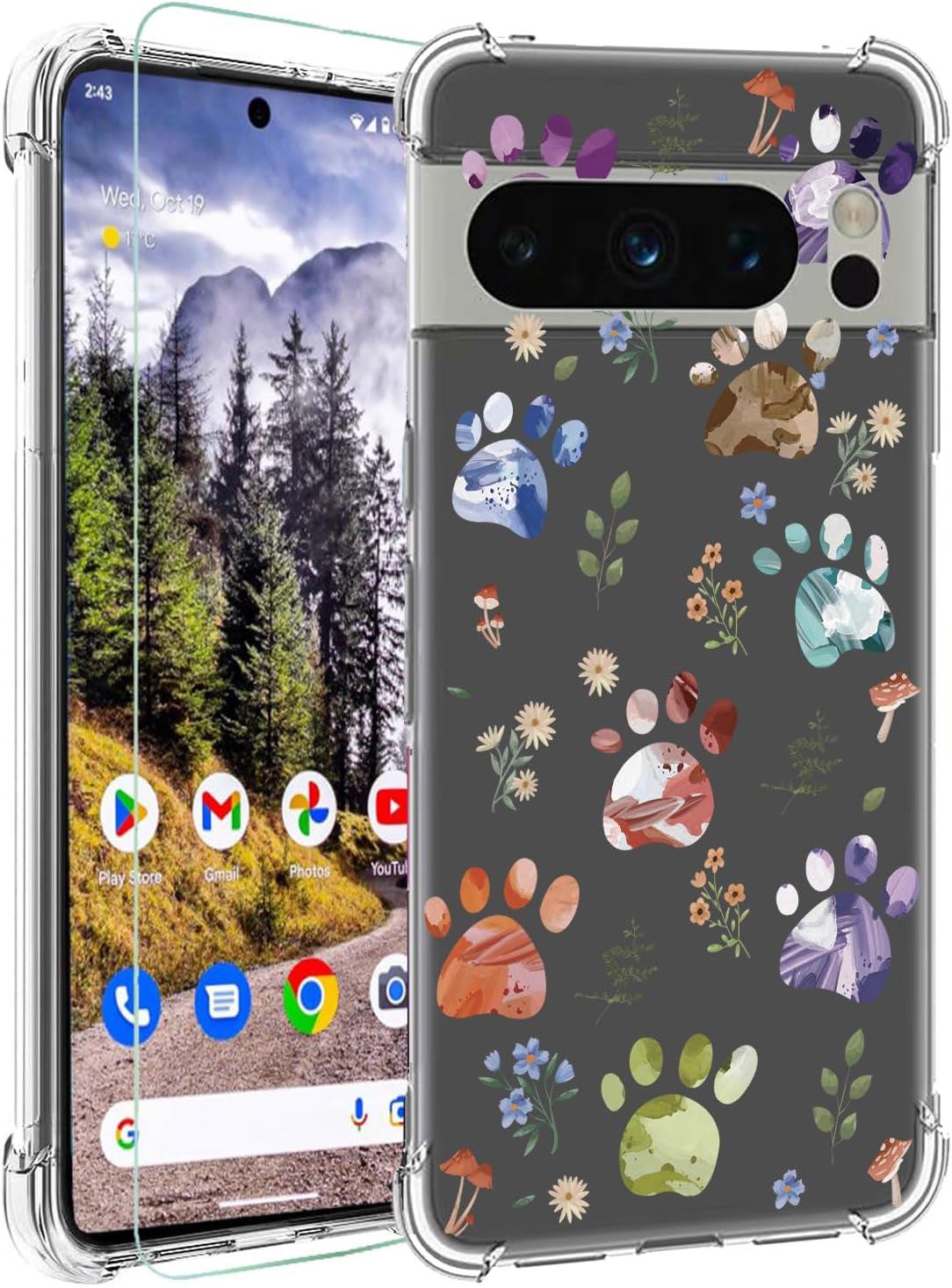 Ftonglogy for Google Pixel 8 Pro 5G Case with Screen Protector: Clear Cute Flower Floral Design for Girls Women Slim Soft TPU Bumper Shockproof Silicone Cell Phone Cover (Funny Cat)  Ftonglogy Garden/Dog Paws  