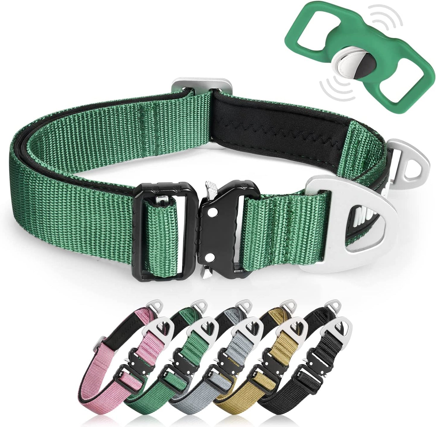 MOOGROU Dog Collar with Airtag Holder,Quick-Release Metal Buckle Heavy Duty Pet Collar for Small Medium Large Dogs,Premium Adjustable Nylon Airtag Dog Collar with Soft Neoprene Padded Comfy Brown 1.2"  MOOGROU Army grn:Collar+Airtag Holder Size 1-Width 1" 