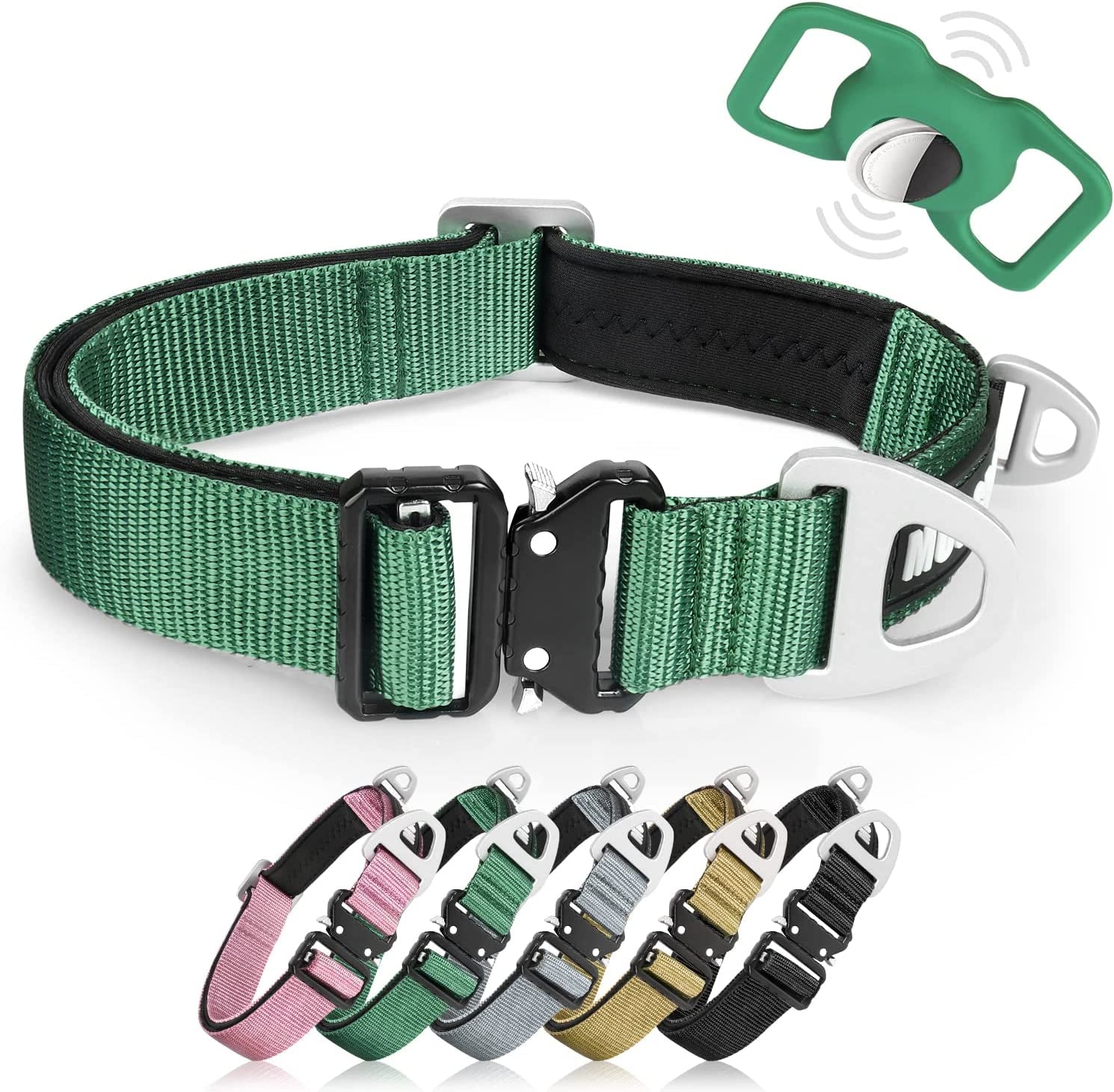 MOOGROU Dog Collar with Airtag Holder,Quick-Release Metal Buckle Heavy Duty Pet Collar for Small Medium Large Dogs,Premium Adjustable Nylon Airtag Dog Collar with Soft Neoprene Padded Comfy Brown 1.2"  MOOGROU Army grn:Collar+Airtag Holder Size 1-Width 1" 