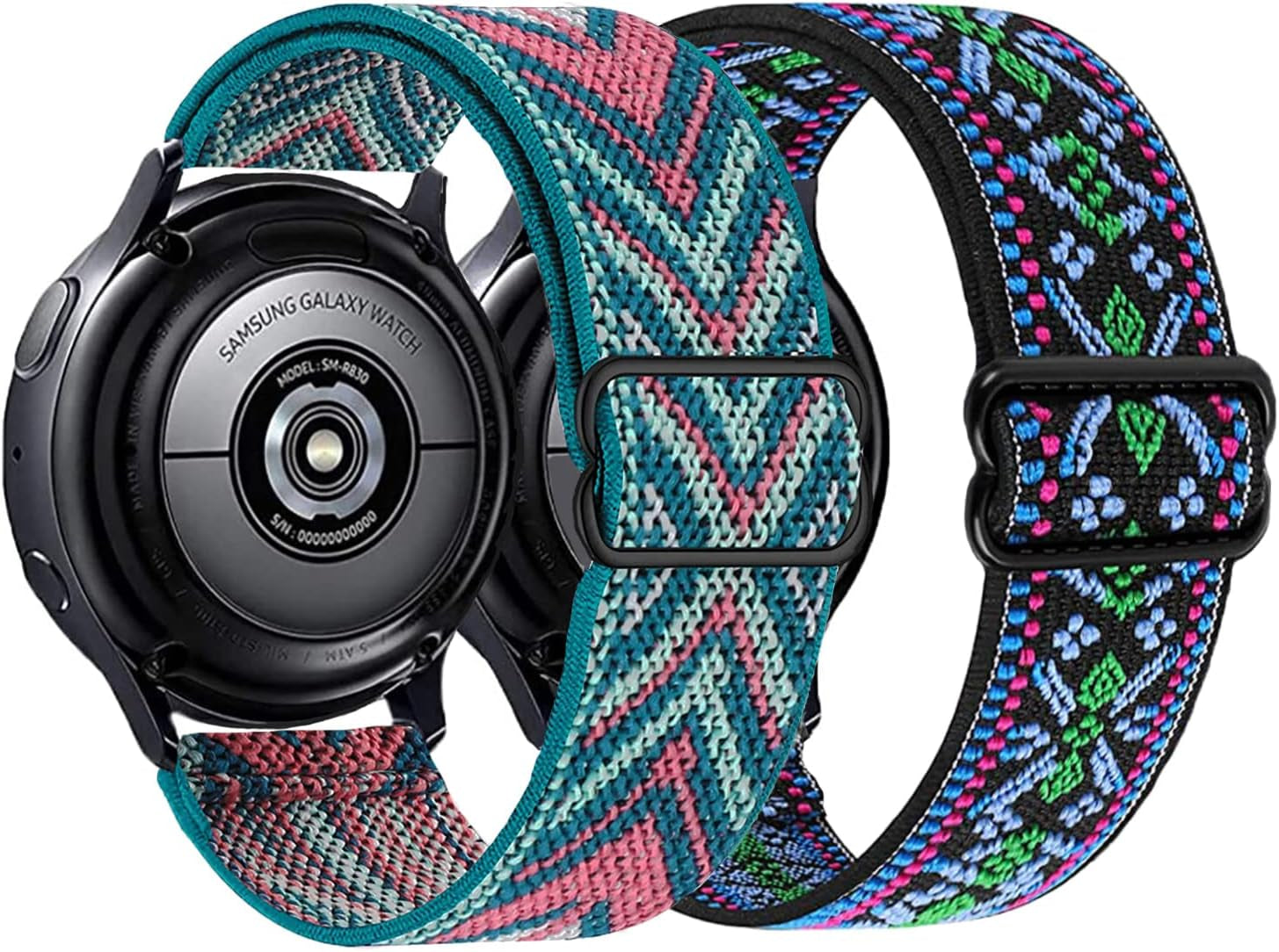2PACK AHXLL Nylon Bands Compatible with Samsung Galaxy Watch Active 2 44Mm 40Mm/Active 40Mm/Galaxy Watch 3 41Mm/ Galaxy Watch 4 40Mm 44Mm /Galaxy Watch 5 Pro 45Mm, 20Mm Stretchy Sport Loop Breathable Wristband (Black+Army Green)  AHXLL Green Arrow+ Flower Pattern  