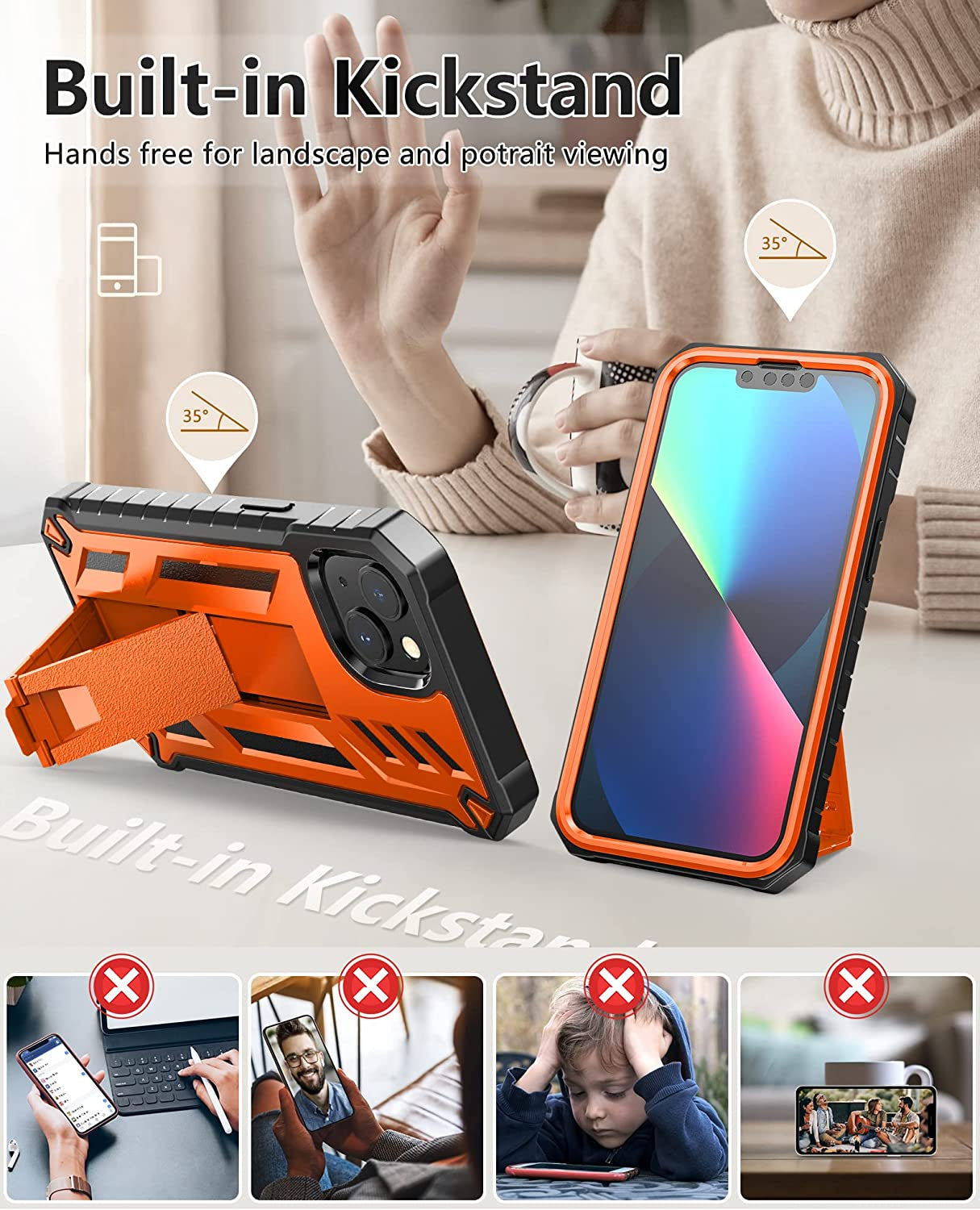 For Iphone 13 Case Protective Cover: Iphone 14 Case Heavy Duty Military Grade Hard Protection Shock Proof Grip | Durable Dual-Layer Design Iphone 13-14 Phone Case with Built-In Kickstand Orange  DAMAI   
