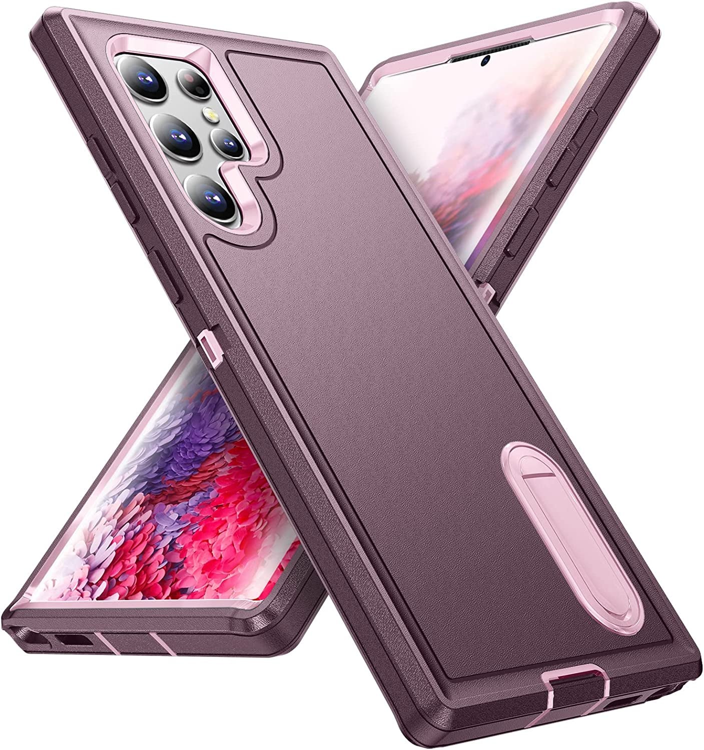 Fucozan for Samsung Galaxy S22 Ultra Case with Kickstand Case 3-Layer Military Grade Protective Case Cover Silicone Heavy Duty Rugged Shockproof for Galaxy S22 Ultra Phone Case (Purple Red+Pink)  Fucozan   