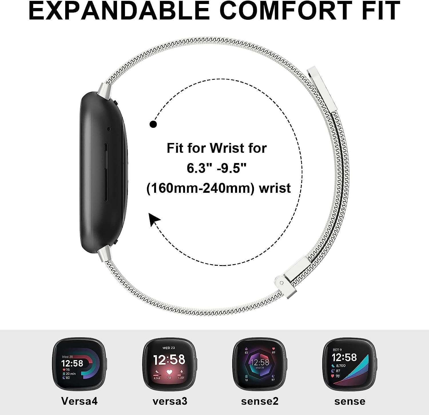 Tobfit Bands Compatible with Fitbit Versa 4/Fitbit Sense 2 & Fitbit Versa 3/Sense Watch Band for Women Men, Stainless Steel Metal Mesh Magnetic Wristband Replacement for Fitbit Versa 4/3 & Sense 2/1 Smartwatch  Tobfit   