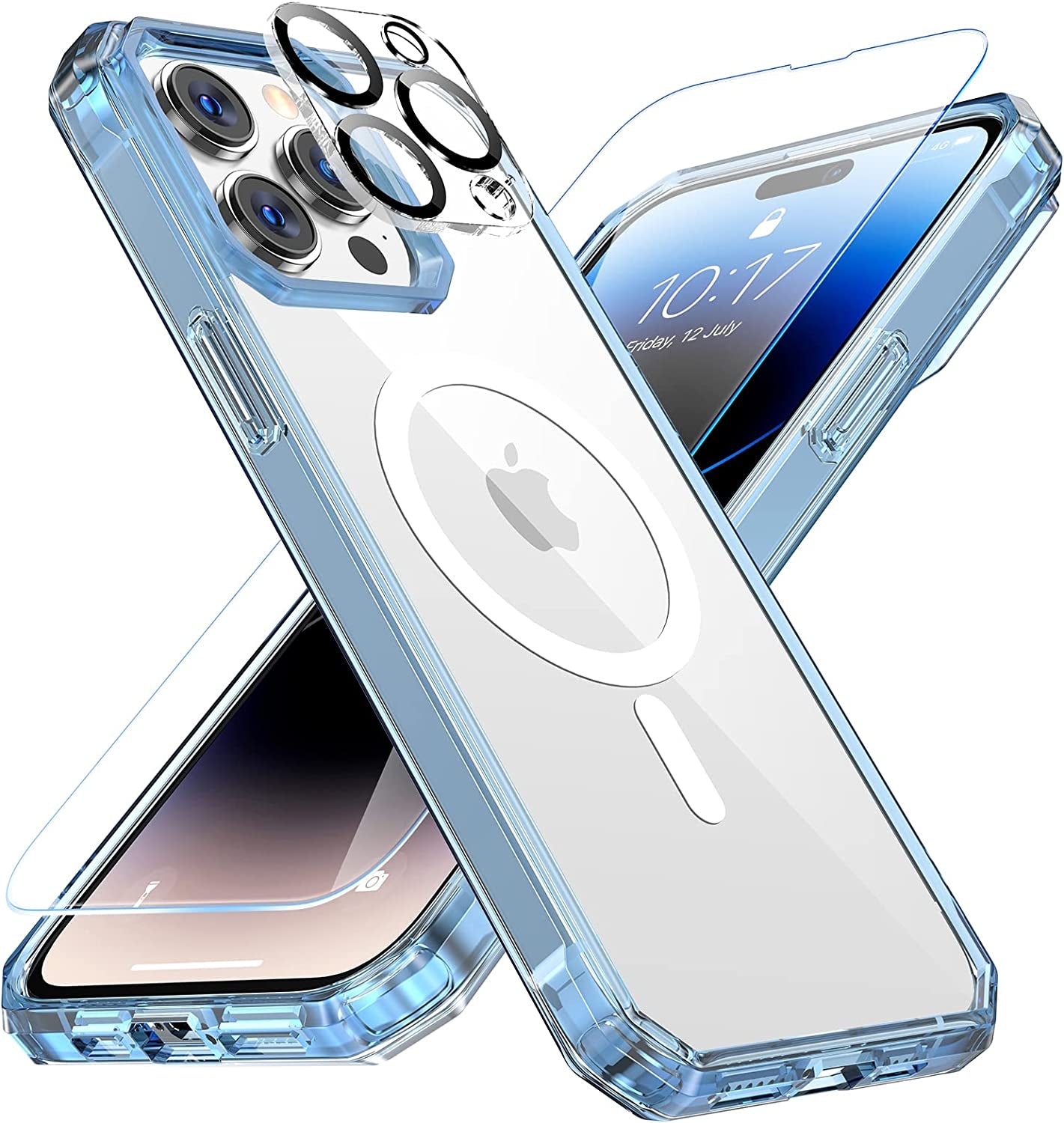 NULETO 【3 in 1】 for Iphone 14 Pro Max Case, Iphone 14 Pro Max Magsafe Case with 9H Tempered Glass Screen Protector & Camera Lens Protector Full-Body Protective Heacy Duty Shockproof Slim Thin - Clear  Nuleto Blue  