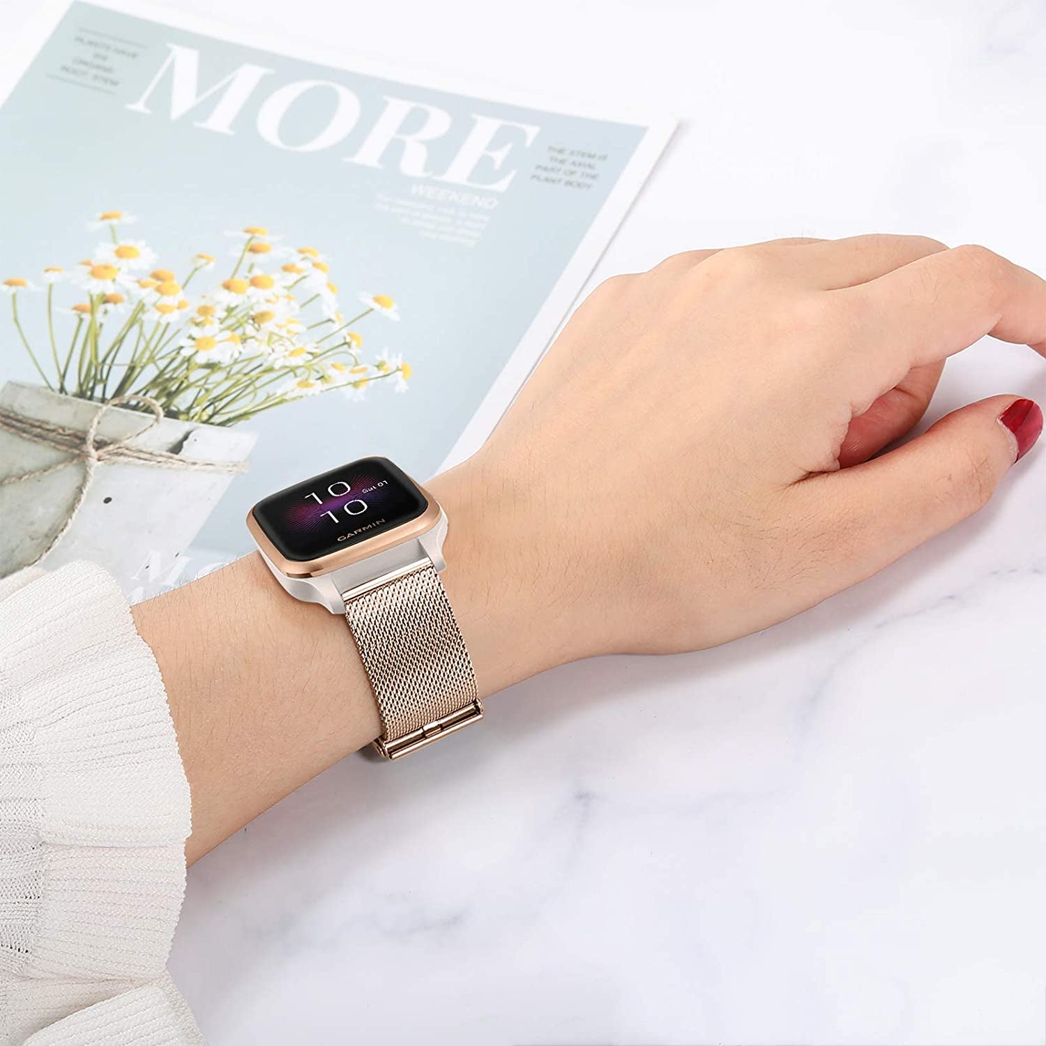 Trumirr Band for Garmin Venu / Venu Sq / Venu Sq 2 Smart Watch, Mesh Woven Stainless Steel Watchband Women Strap for Garmin Venu / Venu Sq / Sq Music Smartwatch  TRUMiRR   