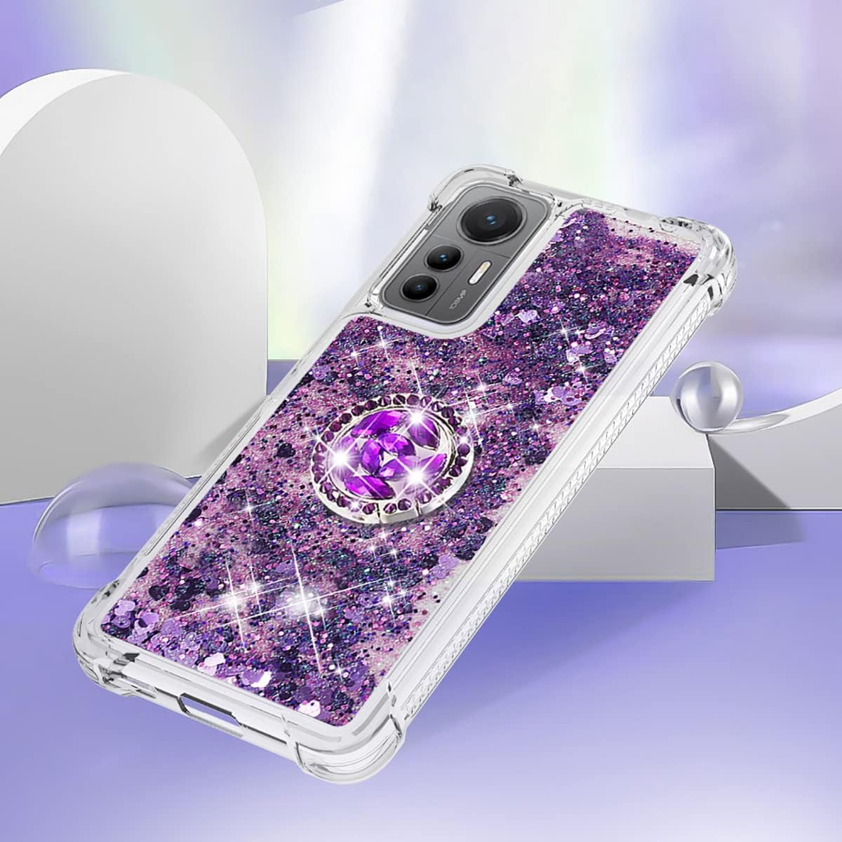 Ccsmall Glitter Clear Sparkly Bling Case for Xiaomi 12 Lite, Rugged Shockproof Flowing Liquid Floating Cover for Women with Ring Holder Phone Case for Xiaomi 12 Lite LSZ Purple  CCSmall   