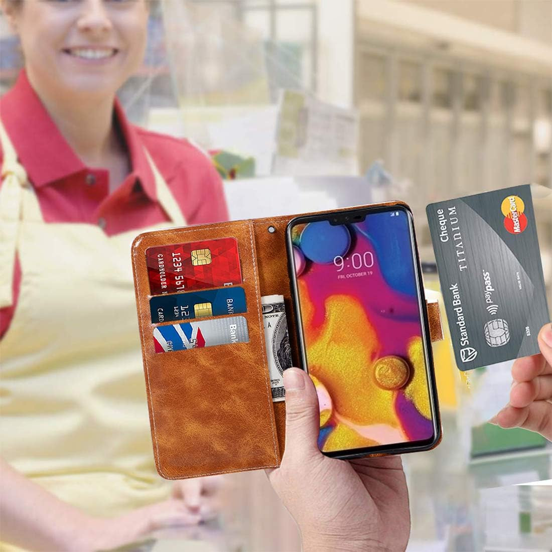 Zoeirc for LG V40 Thinq Case, for LG V40 Case for Girls, PU Leather Wallet Flip Folio Protective Phone Case Cover with Card Slots and Stand for LG V40 / for LG V40 Thinq (2018) (Khaki)  Zoeirc   