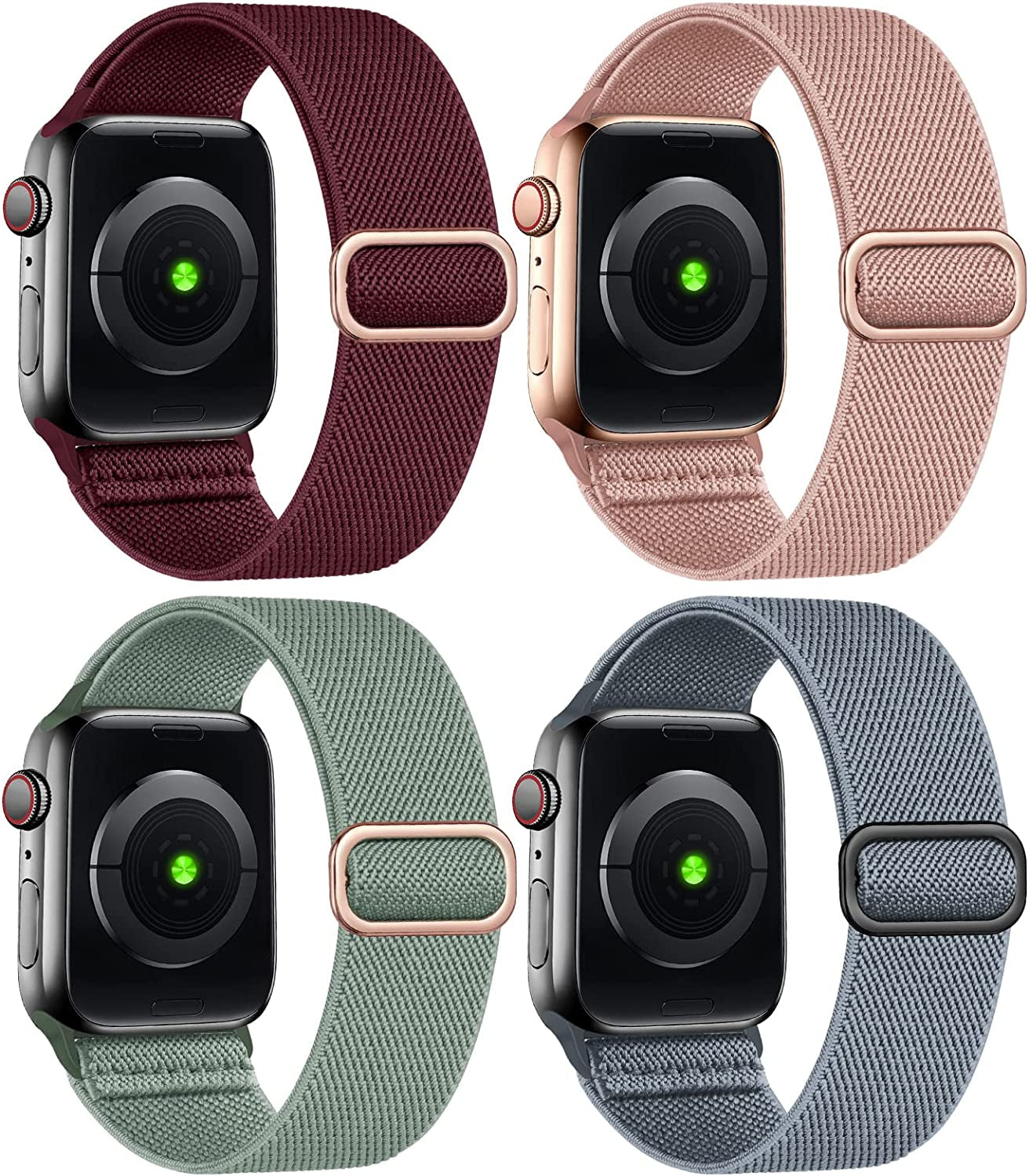 Treasuremax 4 Pack Stretchy Solo Loop Bands Compatible for Apple Watch 38Mm 40Mm 41Mm 42Mm 44Mm 45Mm 49Mm, Adjustable Nylon Elastic Braided Straps for Iwatch Serie Ultra/8/7/6/Se/5/4 3/2/1 Women Men  TreasureMax Red wine/Blue Gray/Cactus/Pink Sand 38MM/40MM/41MM 